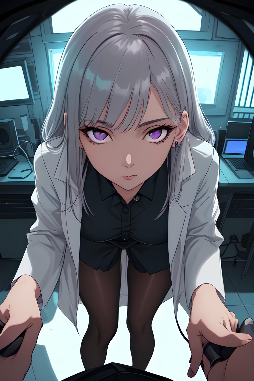 ai_generated bondage dominant_female dr.moon_scp evil_eyes labcoat pantyhose pov purple_hair sexy silver_hair tied_hands