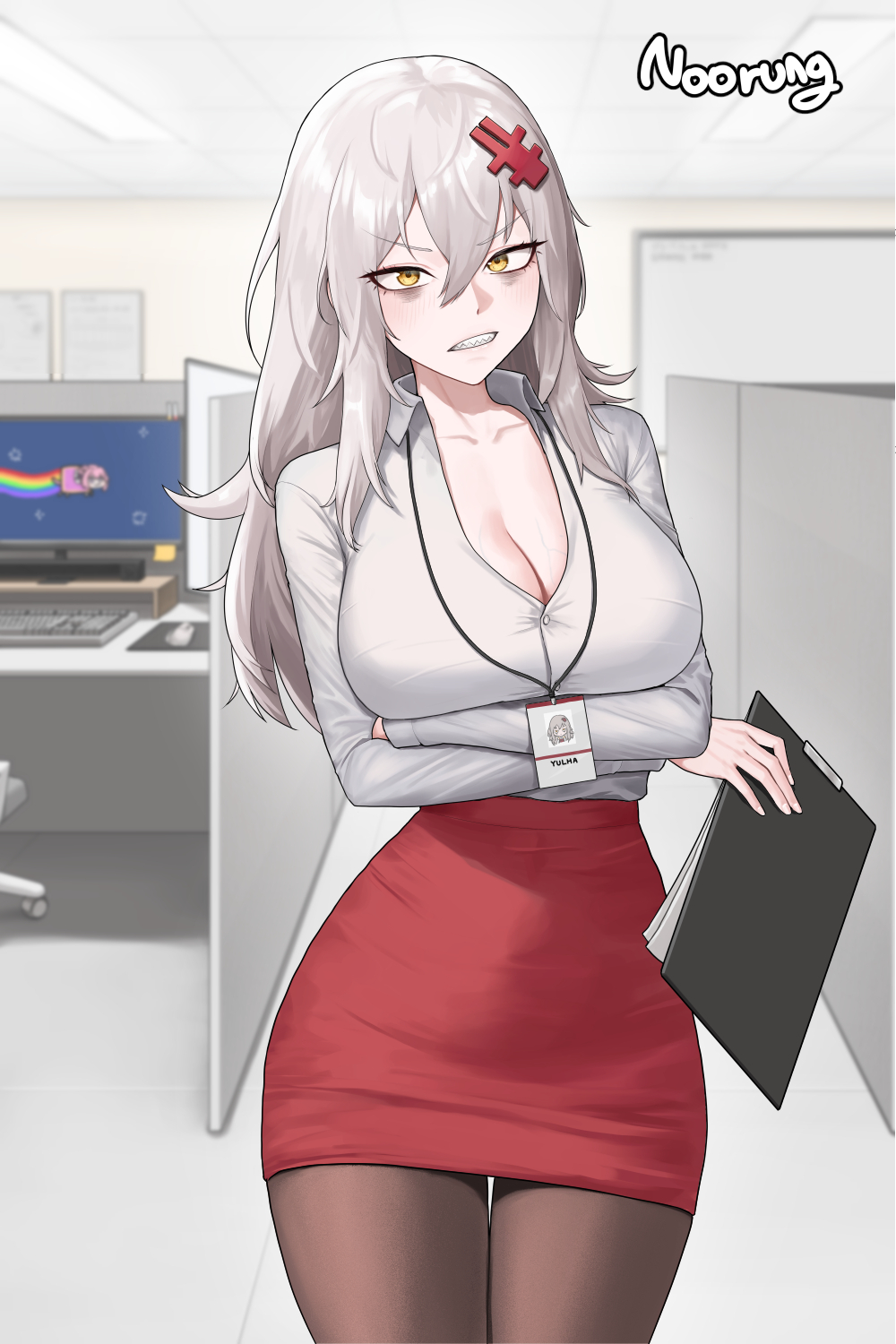 1girls, blouse, cleavage, female, female only, fully clothed, goddess of victory: nikke, miniskirt, noorung, office lady, pencil skirt, skirt, white hair, yulha
