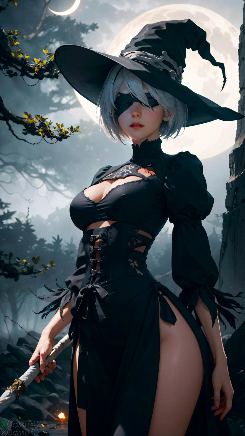 0assult0 1girls ai_generated beautiful black_dress breasts cleavage cute dress eyepatch eyes_covered full_moon gloves goth goth_girl halloween halloween_costume moon mountain nature nier:_automata night realistic short_hair solo_female stable_diffusion stick thighs video_game_character video_games white_hair witch witch_hat yorha_2b