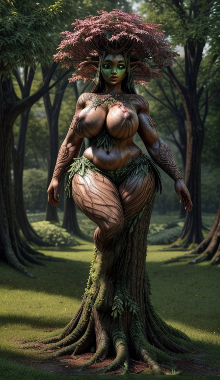 1girls ai_generated belly big_breasts black_eyes breasts brown_body brown_skin chubby chubby_female curvaceous curvy curvy_female curvy_figure dryad fantasy female female_only forest full_body grass hand_behind_head hips immobile leaf_hair magnumdawn markings mythological_creature mythology nature nature_background nipples non-human outdoors pink_hair pink_leaves plant pony_diffusion_xl skimpy skimpy_clothes solo solo_female stable_diffusion standing thick thick_thighs thighs tree tree_girl trees wide_hips