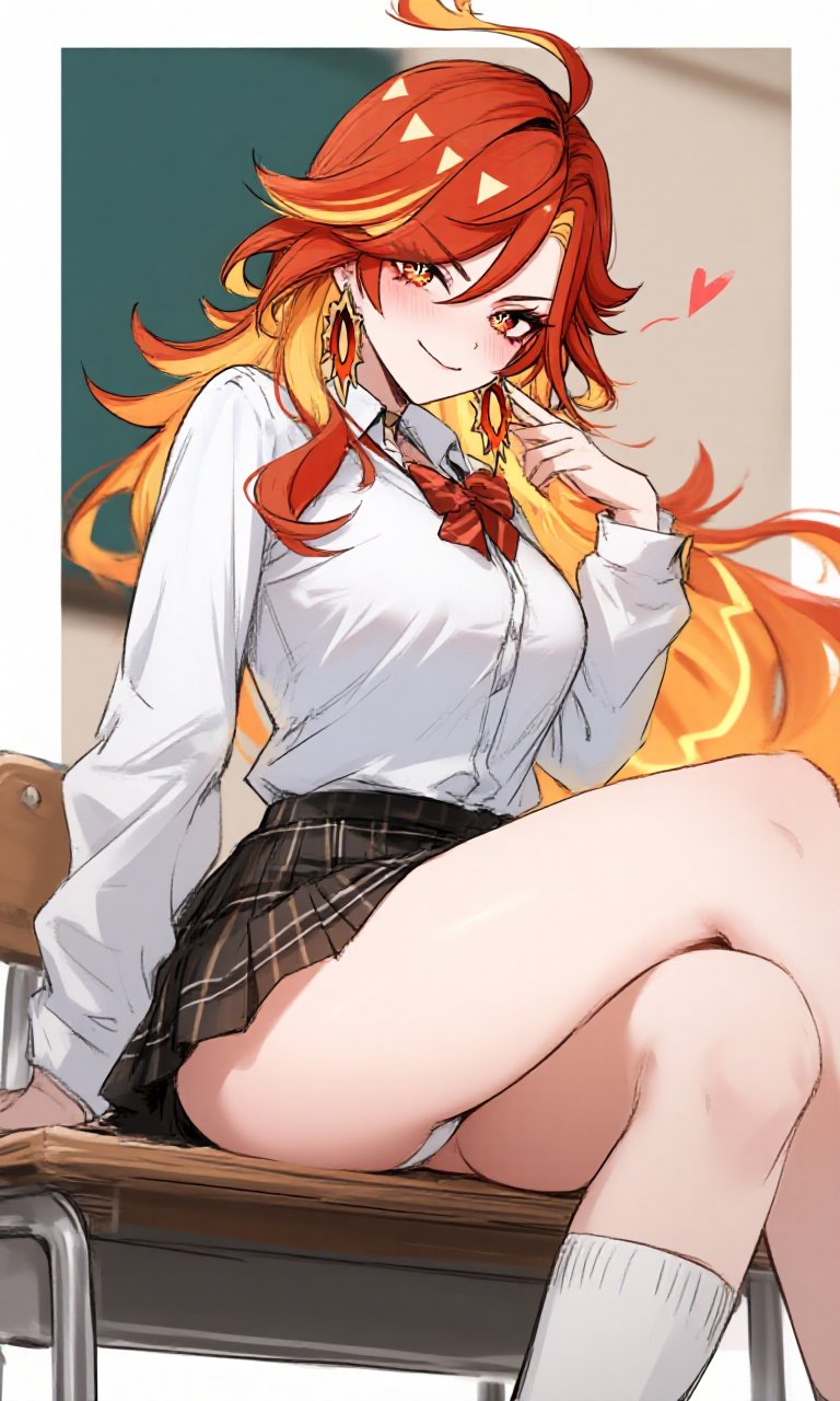 ai assisted, ai generated, crossed legs, genshin impact, mavuika (genshin impact), miniskirt, nay juno, panties, red eyes, red hair, school, school uniform, schoolgirl, schoolgirl uniform, sexy, sexy body, sexy pose, skirt, thighs, white panties