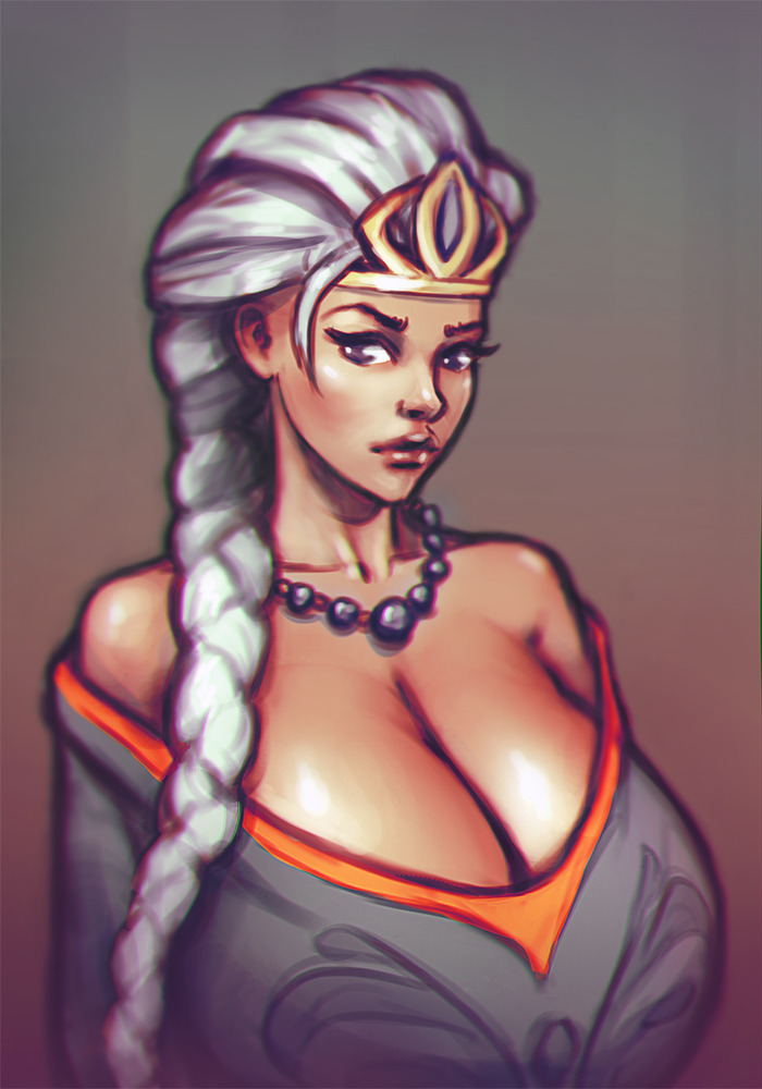 1girls, bare shoulders, big breasts, blue eyes, boobsgames, braid, breasts, cleavage, crown, curvy, disney, dress, elsa (frozen), eyelashes, female, female only, front view, frozen (film), huge breasts, human, long hair, looking at viewer, necklace, pearl necklace, ponytail, pose, posing, princess, rough sketch, royalty, shiny, shiny skin, simple background, solo, tied hair, white hair