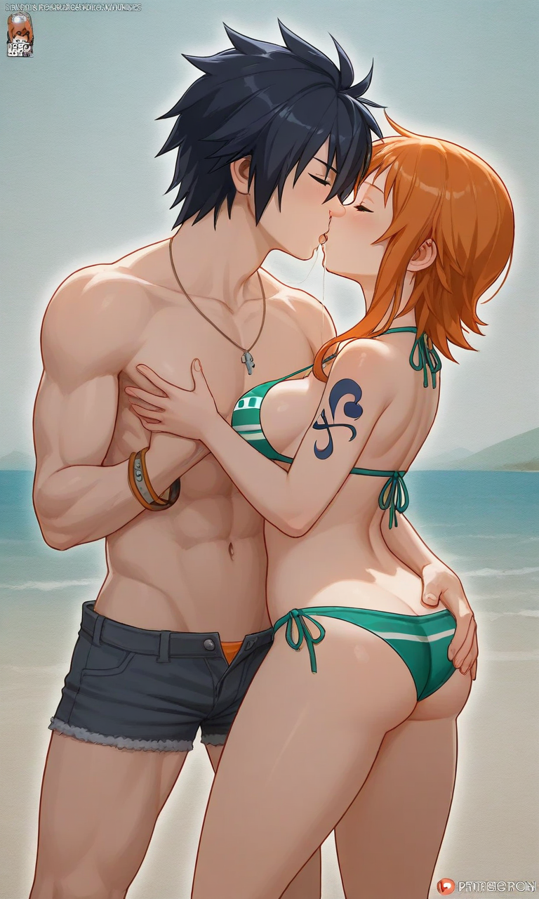 ai_generated artist_request bikini couple crossover fairy_tail female gray_fullbuster male nami nami_(one_piece) one_piece