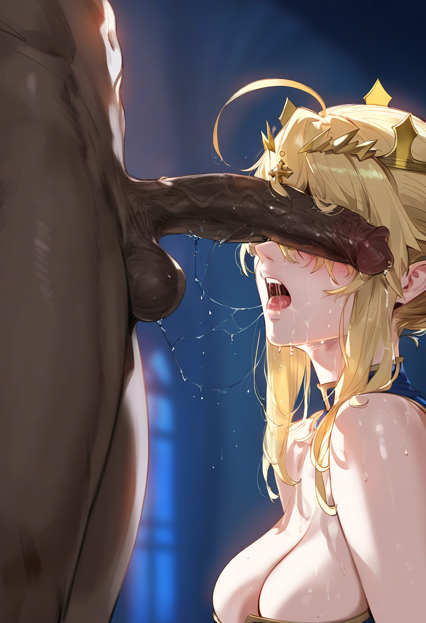 1boy 1girls ai_generated artoria_pendragon_(lancer) cock_shock darius_iii_(fate) dark-skinned_male defeated fate/grand_order fate_(series) huge_cock imminent_rape interracial penis_covering_eyes tongue_out