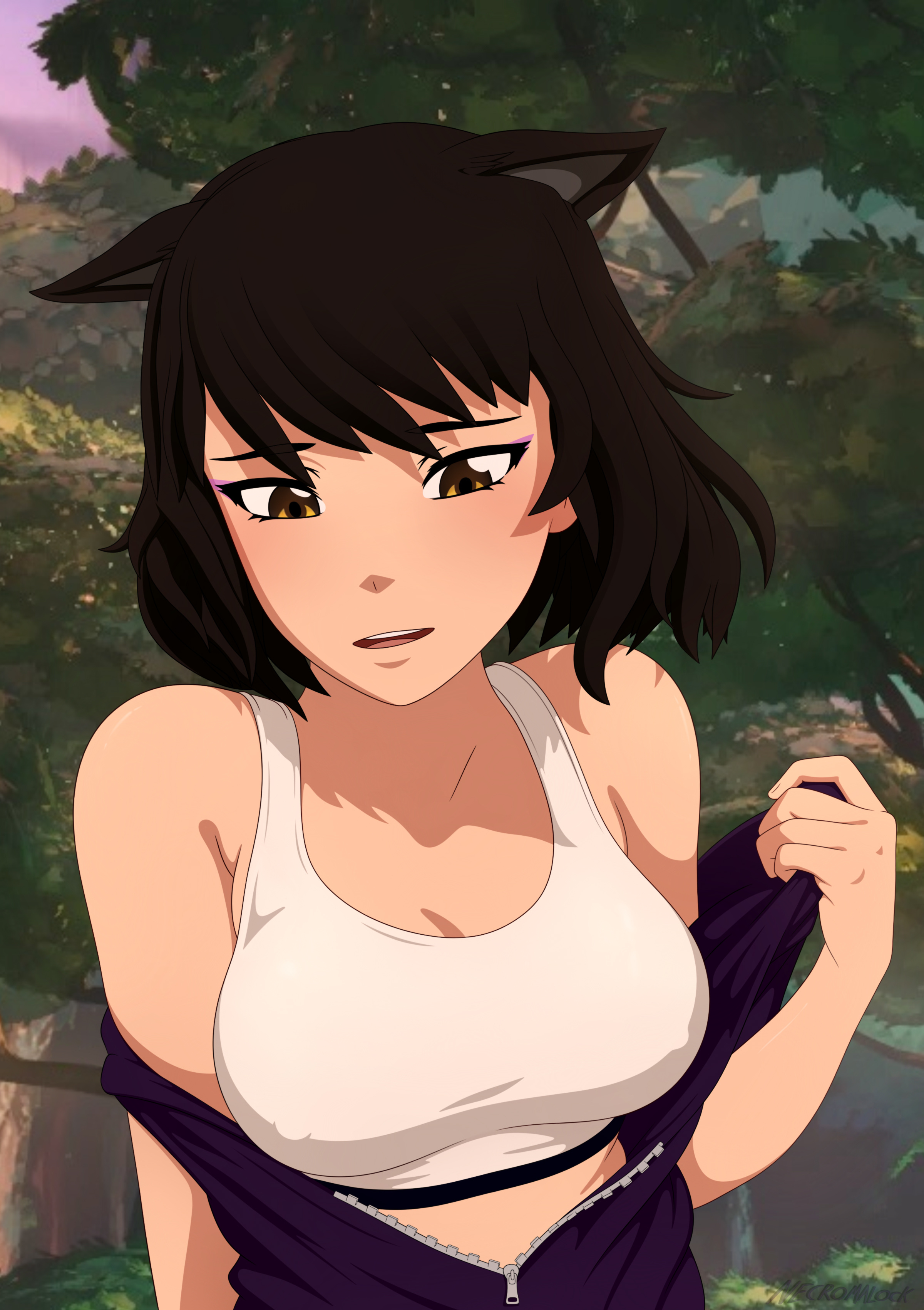 1girls, black hair, black hair female, blake belladonna, cat ears, clothed female, faunus, necromalock, nipple bulge, removing clothing, rwby, solo female, sports bra, yellow eyes