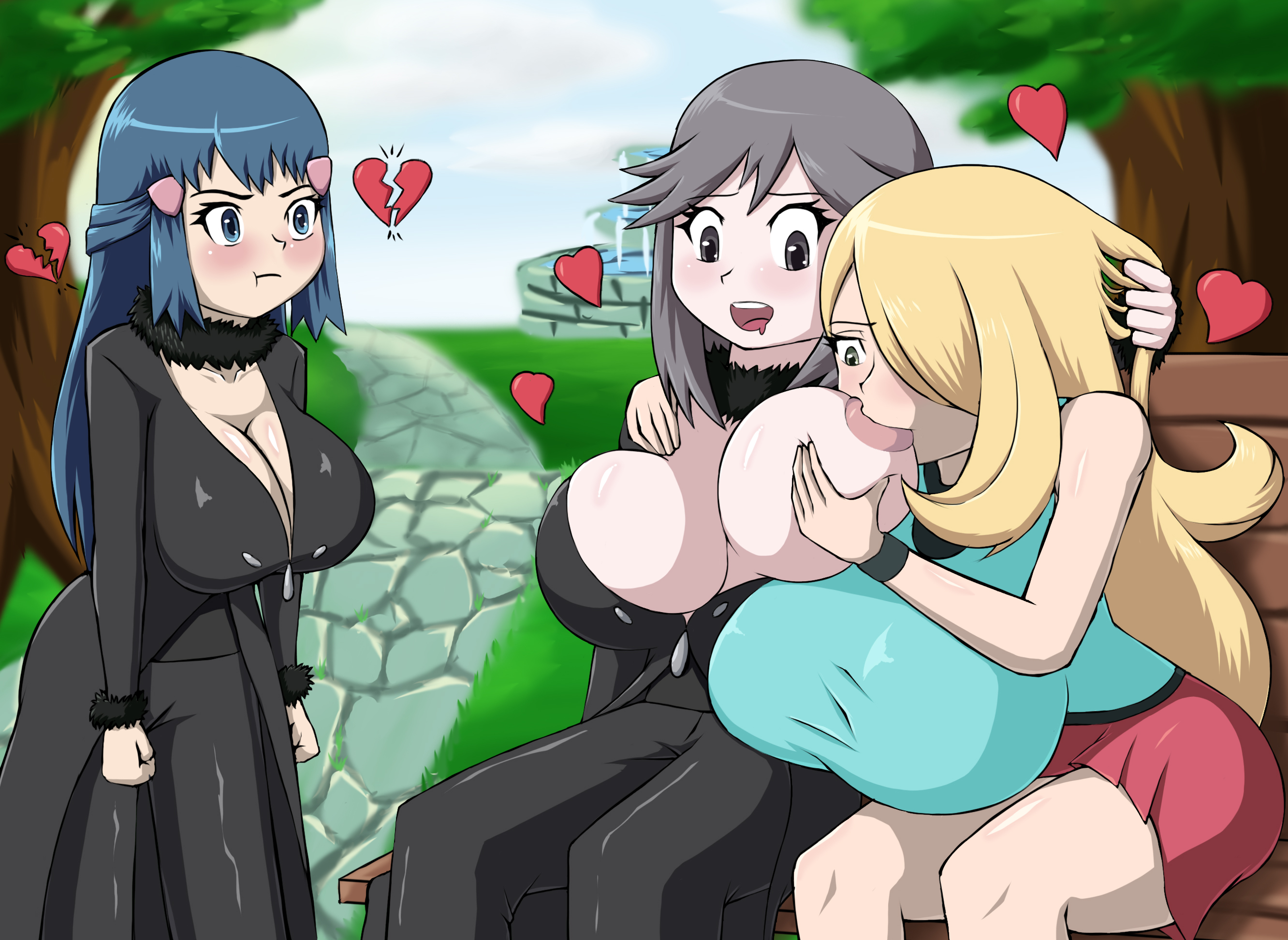 3girls, angry, bench, blonde hair, blue eyes, blue hair, blushing, bosomancer, breast sucking, breasts, breasts out, broken heart, brown eyes, brown hair, cleavage, clothed, cosplay, cynthia (pokemon), cynthia (pokemon) (cosplay), dawn (pokemon), female, female only, green eyes, heart, huge breasts, human, human only, jealous, large breasts, leaf (pokemon), leaf (pokemon) (cosplay), long hair, multiple females, multiple girls, netorare, nintendo, nipple suck, nipples, outdoors, outfit swap, pokemon, pokemon dppt, pokemon frlg, pokemon rgby, pout, pouting, sitting, skirt, sucking, very long hair, yuri