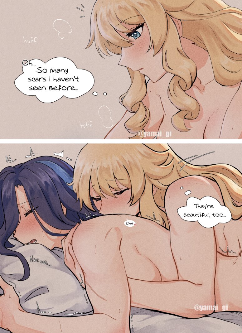 2girls, athletic, athletic female, back view, bed, bedroom, bedroom sex, blonde female, blonde hair, blonde-haired female, blush, boobs out, breasts, breasts out, clorinde (genshin impact), dominant female, female, female only, fucked, fucked from behind, genshin impact, hoyoverse, implied strap-on, long hair, muscular, muscular back, muscular female, naked, naked female, navia (genshin impact), nude, nude female, scar, scars, scars all over, strap-on, strapon, strapon sex, submissive female, tits out, wholesome, yamai gi, yuri