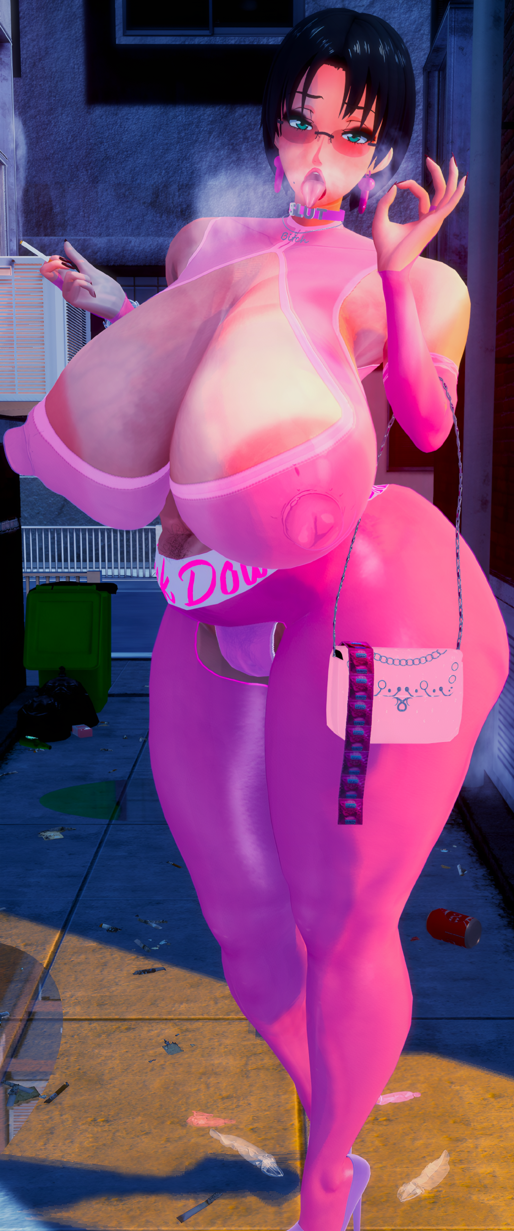3d, alley, artist request, bag, bandizone, big areola, big ass, big breasts, big nipples, black hair, character request, choker, chubby, condom, copyright request, earrings, female only, glasses, inviting to sex, koikatsu, merlin (nanatsu no taizai), milf, nanatsu no taizai, open mouth, prostitution, pubic hair, seven deadly sins, short hair, smoke, smoking, thick thighs, tongue, tongue out, transparent clothing, trash, used condom