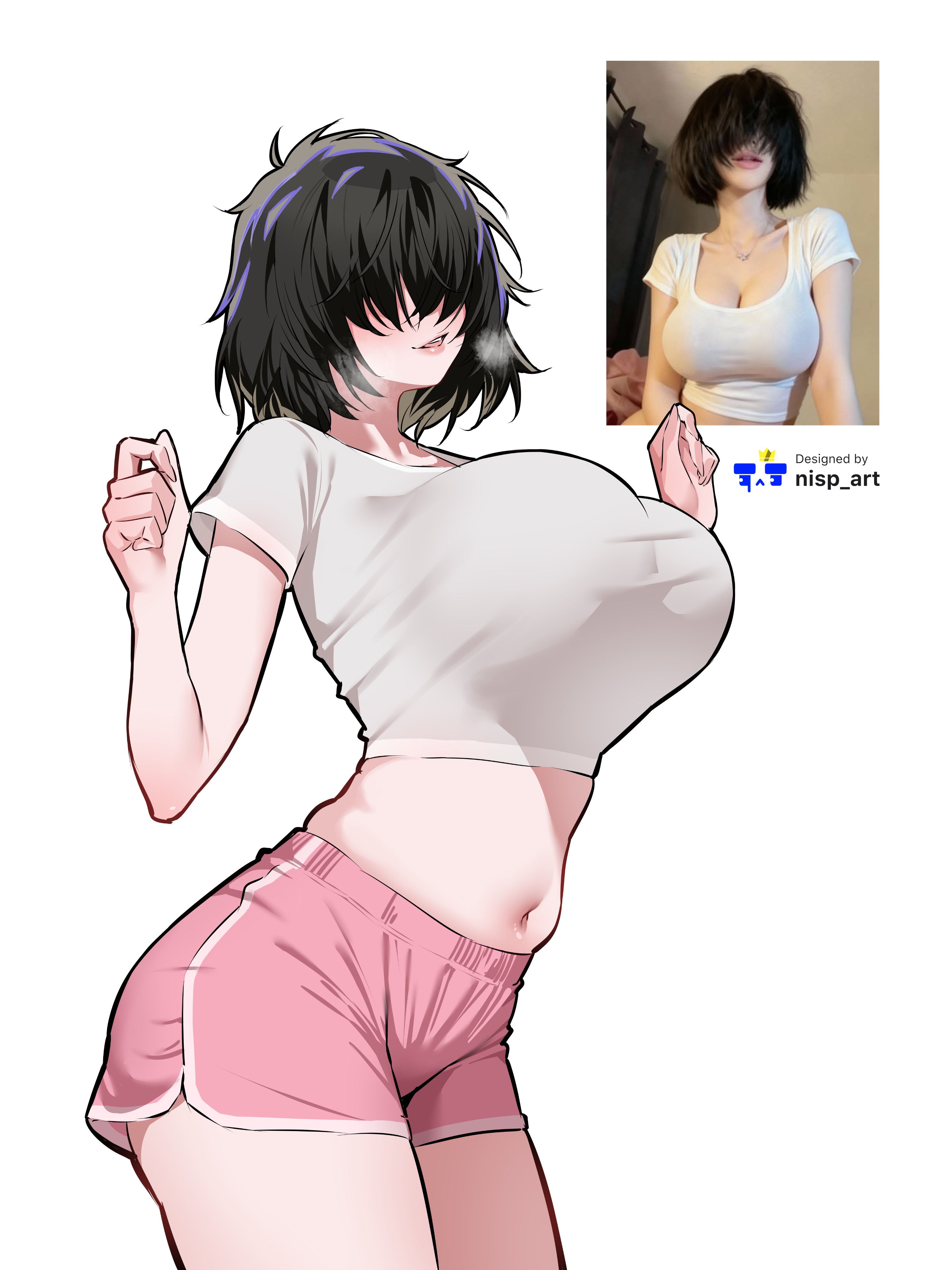 1girls, big breasts, black hair, black hair female, blinding bangs, breasts, female, female focus, female only, hair over eyes, large boobs, large breasts, light skin, light-skinned female, midriff, midriff baring shirt, nisp art, solo, solo female, solo focus, tummy