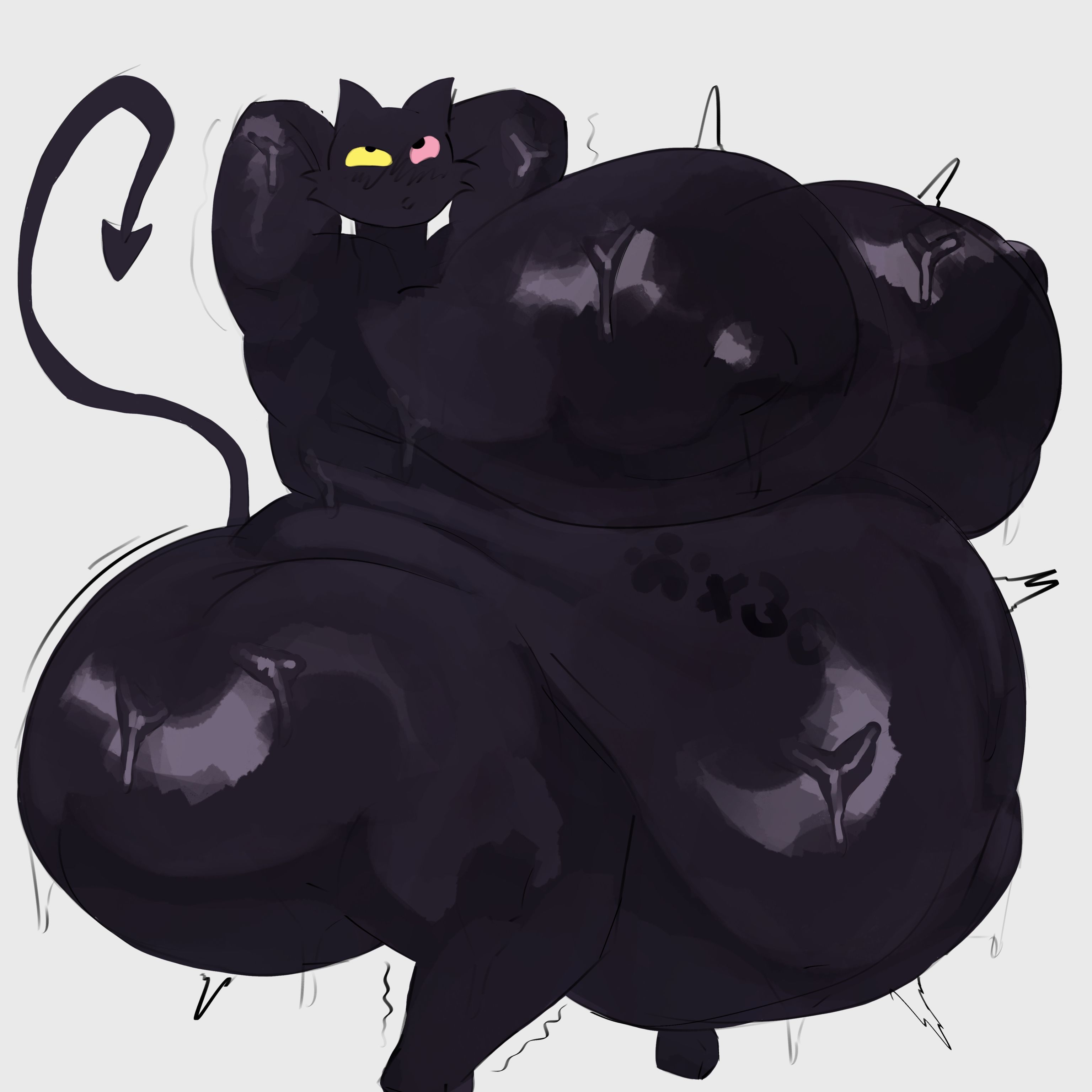 adawndraws, anthro, arms behind back, arms behind head, belly, big ass, big belly, big breasts, black body, cat ears, cat girl, cat tail, colored eyes, deltarune, fat ass, fat belly, fat breasts, fat female, feline, friend (deltarune), furry, huge ass, huge belly, huge breasts, hyper pregnancy, kneeling, large breasts, massive ass, massive belly, massive breasts, pregnancy tally, pregnant, round ass, thick thighs, thighhighs, thighs, tremble spikes, trembling, wet, wet body