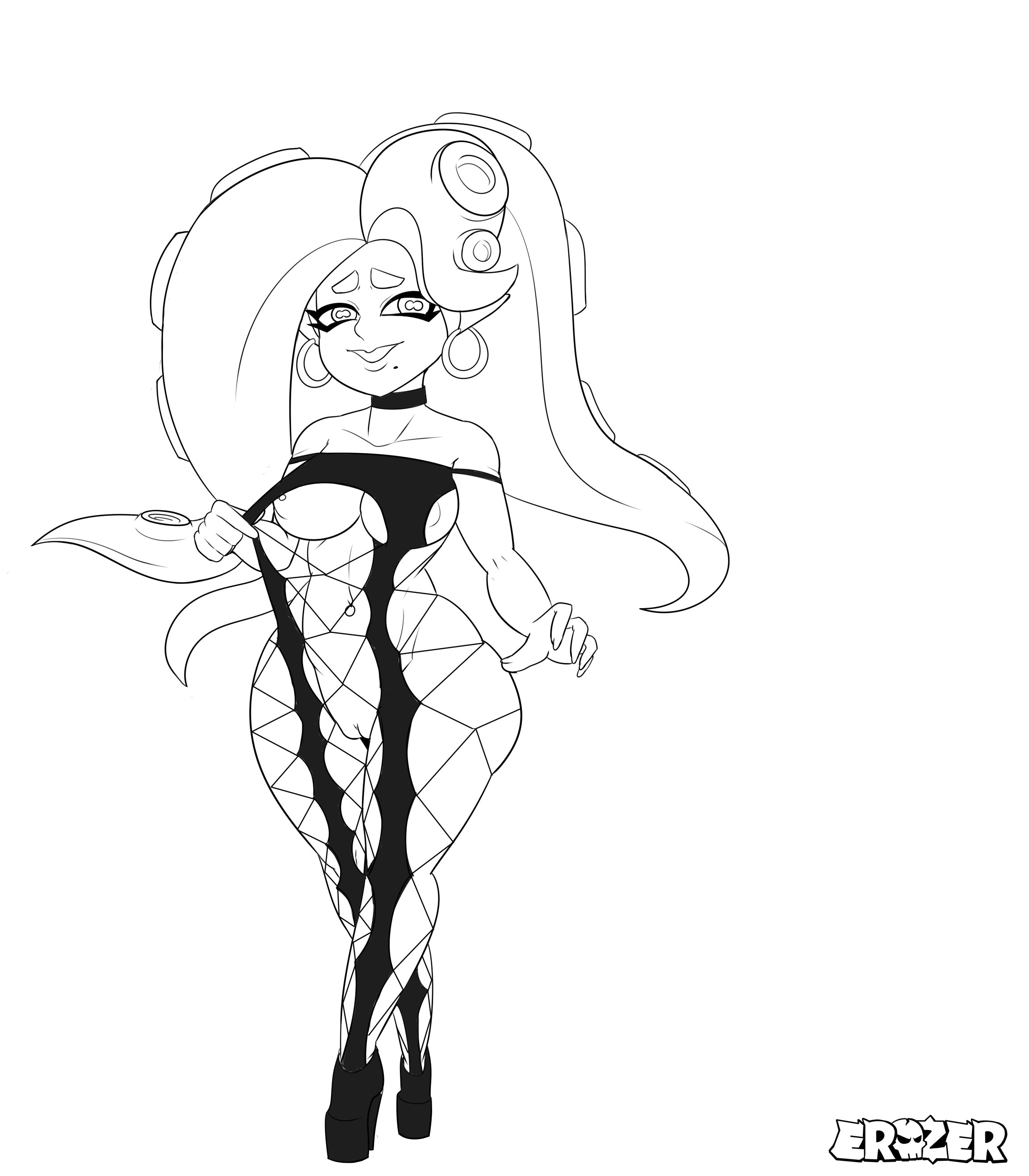 bimbo, breasts, earrings, erozer, female, high heels, hoop earrings, looking at viewer, marina (splatoon), monochrome, navel piercing, nintendo, nipple piercing, nipples, piercing, pussy, splatoon, splatoon 2, tentacle hair, thick thighs, wide hips