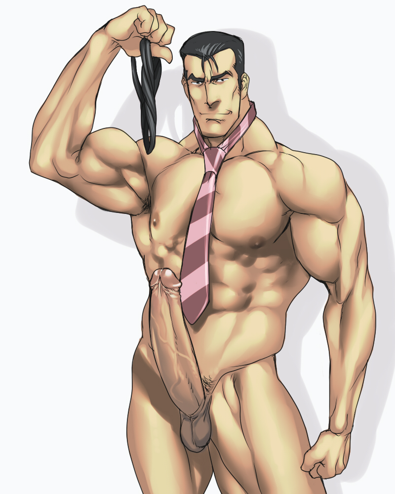 1boy bara detective_speedo erection kochikame male_focus male_only muscle necktie nude penis rabbit_(artist) rabbit_(pixiv744412) smile solo tagme takeshi_kitano undressing white_background