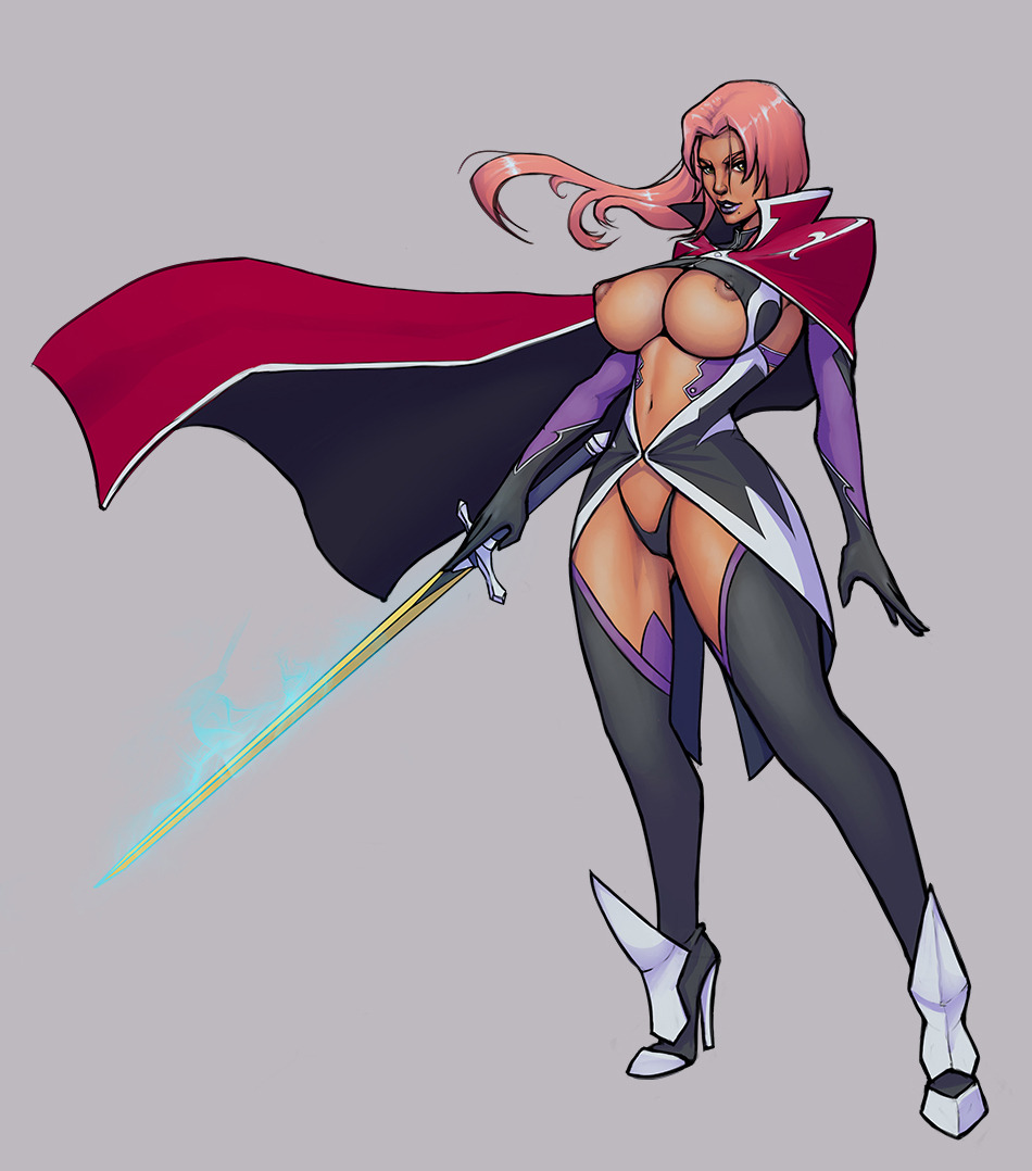 1girls, areola slip, bare shoulders, big breasts, black lipstick, boobsgames, breasts, brown nipples, brown skin, busty, cape, cleavage, curvy, dark nipples, dark skin, dark-skinned female, dress, erect nipple, erect nipples, female, female only, front view, high heel boots, high heels, hourglass figure, human, ingrid (taimanin asagi), lipstick, long hair, looking at viewer, makeup, nipple bulge, nipple slip, nipples, pink hair, pose, posing, shiny, shiny skin, simple background, solo, standing, stiletto heels, sword, taimanin asagi, very high heels, voluptuous, weapon, wide hips, yellow eyes