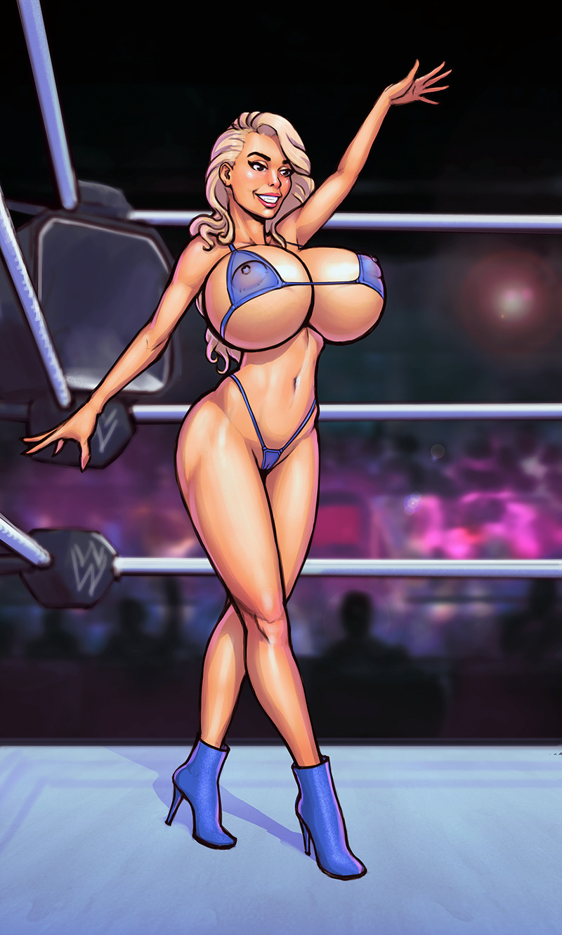 1girls, alternate version available, arms up, bare shoulders, big breasts, bikini, bikini bottom, bikini top, black eyes, blonde hair, boobsgames, boxing ring, breasts, busty, cleavage, curvy, detailed background, erect nipple, erect nipples, eyelashes, female, female only, front view, g-string, high heels, hourglass figure, human, indoors, inside, long hair, midriff, nipple bulge, nipples, original character, pose, posing, room, shadow, shiny, shiny skin, skimpy, smiling, solo, standing, swimsuit, thong, voluptuous, wide hips, wrestling ring, yellow hair