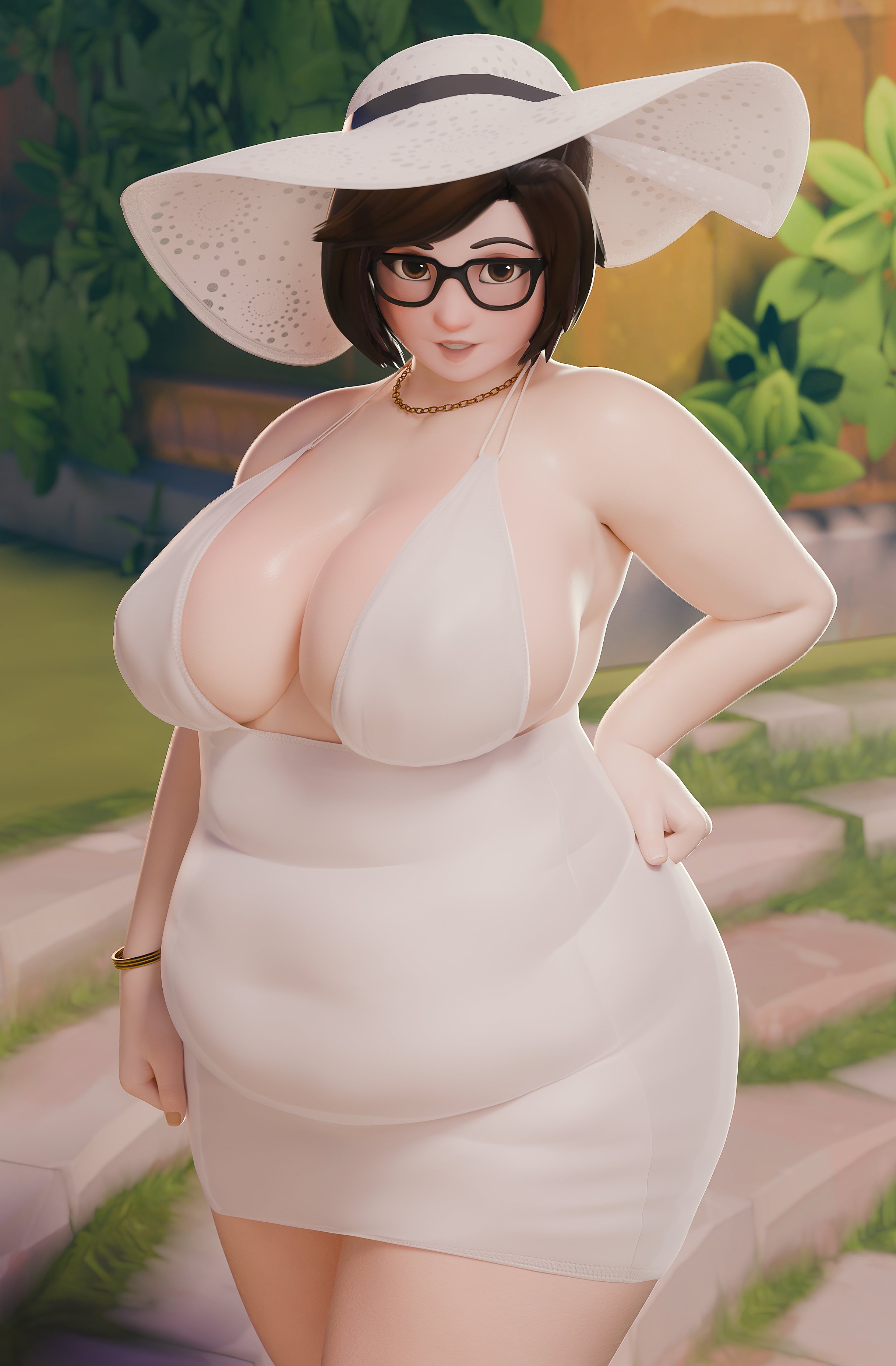 3d, bbw, belly, big breasts, breasts, chubby, chubby female, clothed, clothing, female, female only, fugtrup, glasses, glistening, glistening body, looking at viewer, mei (overwatch), overwatch, pinup, shiny skin, sun hat, sundress, tagme, voluptuous, wide hips