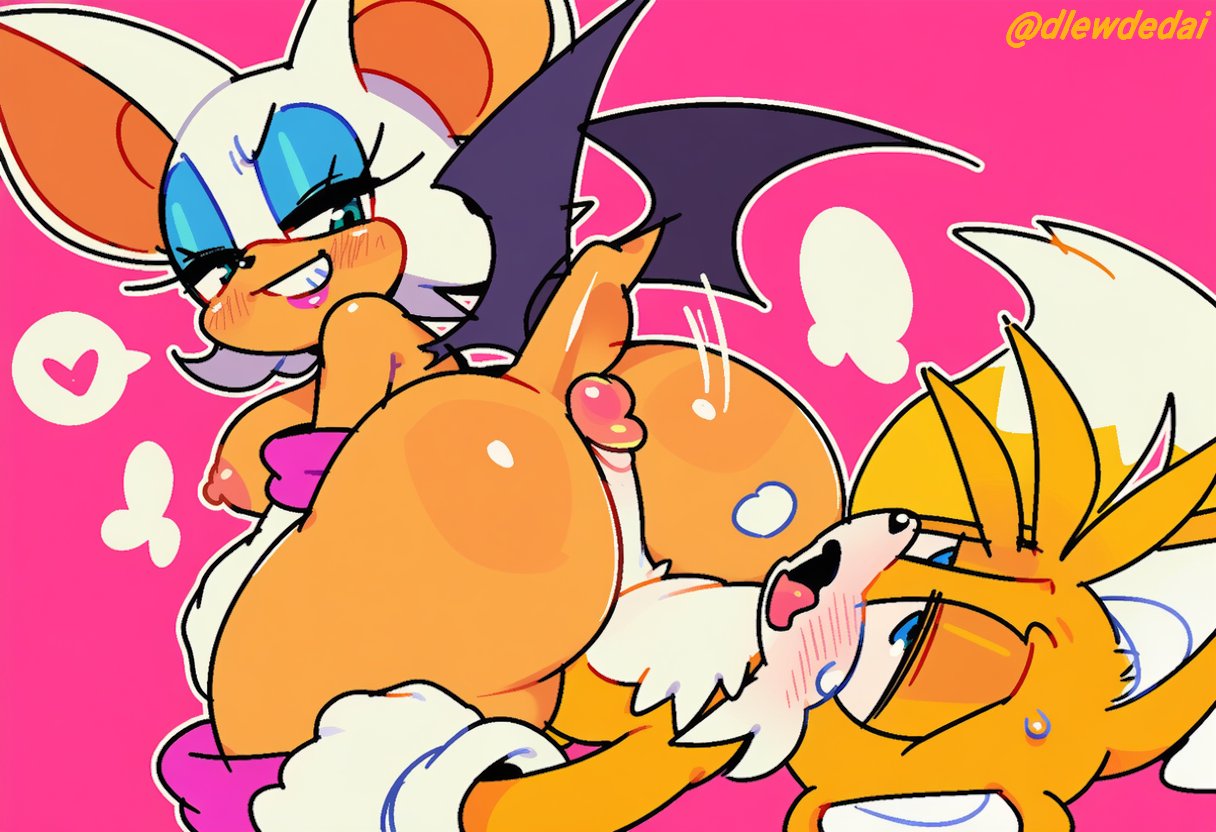 1boy, 1girl, ai assisted, ai generated, assjob, buttjob, dlewdedai, female, femdom, rouge the bat, sonic (series), sonic the hedgehog (series), tails, tails the fox, teasing