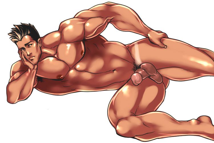 1boy bara lying male_focus male_only muscle nude penis rabbit_(artist) rabbit_(pixiv744412) solo tagme tan tanline testicles