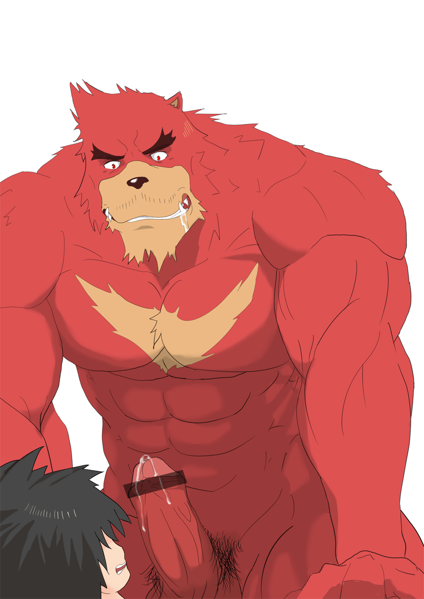 2boys abs boner cum erection furry interspecies kumatetsu kyuta male_focus male_only mee_ter multiple_boys muscle naughty_face nude size_difference straddling the_boy_and_the_beast yaoi