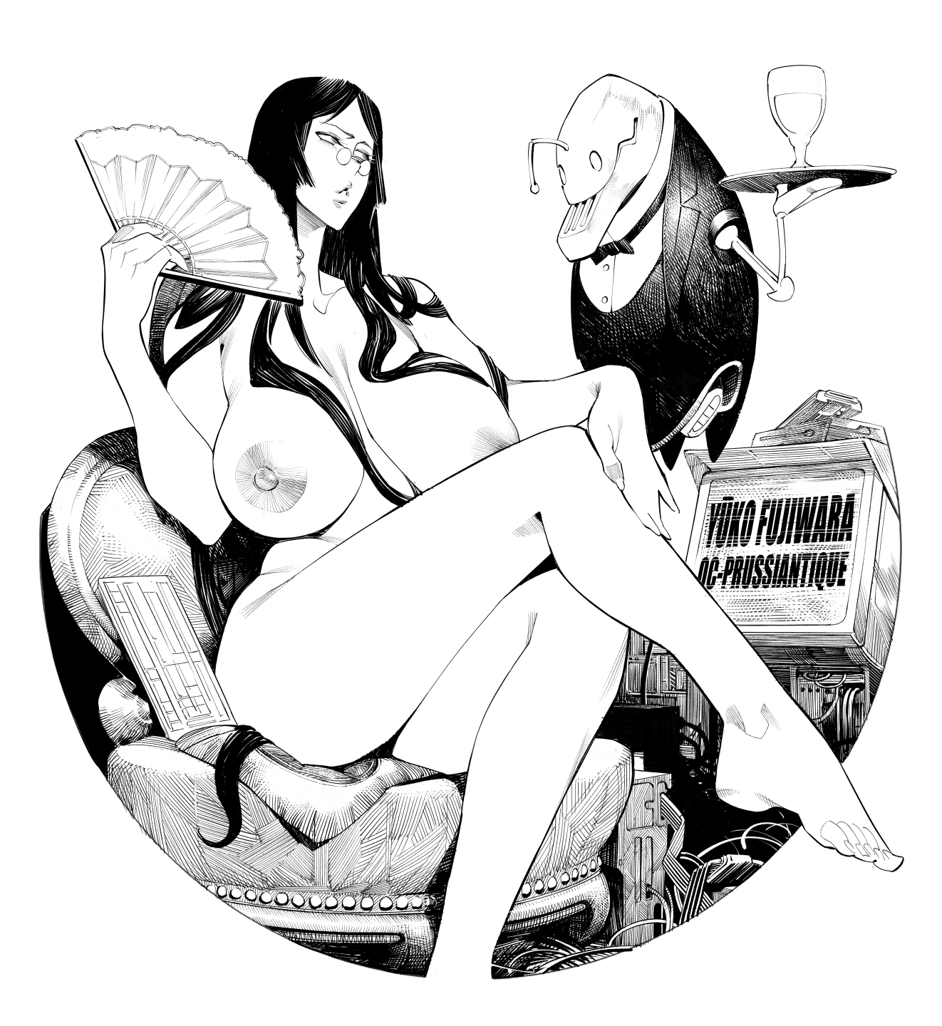 1girls, breasts, burustandin, crossed legs, glasses, greyscale, hi res, huge breasts, monochrome, nude, original, robot, very long hair