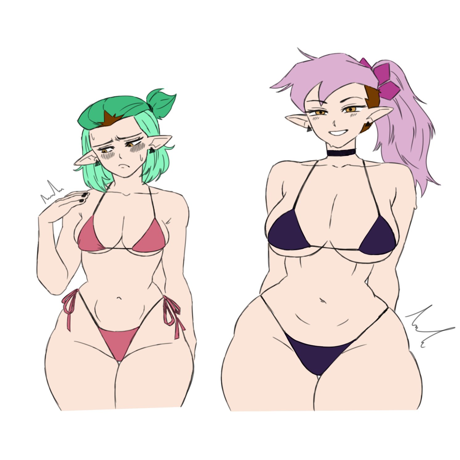 2girls, amity blight, average breasts, bikini, frowning, hip dips, large breasts, older and younger self, pochoclogigi, smiling, the owl house, thick thighs, thin waist, white void