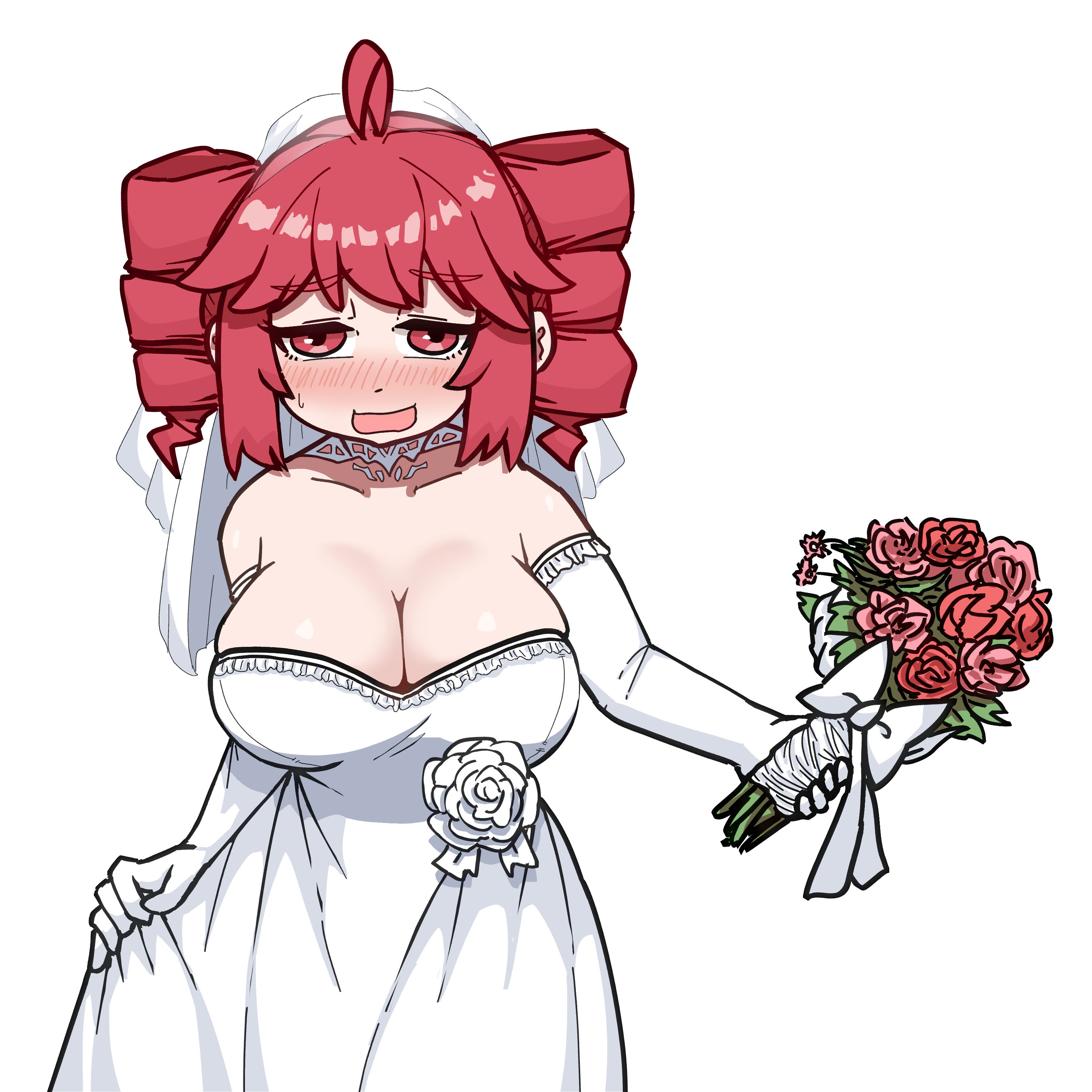1girls, 2d, 2d (artwork), ahoge, armwear, big breasts, blush, blush lines, blushing female, breasts, breasts focus, bridal gauntlets, bridal veil, bride, bride veil, cleavage, cleavage overflow, clothed, clothed female, clothing, dress, eyelashes, female, female only, flower bouquet, flowers, fully clothed, happy, happy female, huge breasts, kasane teto, large breasts, long eyelashes, looking at viewer, moo seon, nervous, nervous smile, open mouth, red eyes, red hair, sfw, shiny breasts, shiny skin, simple background, skindentation, smile, solo, solo female, sweat, sweatdrop, sweating, twin drills, utau, wedding attire, wedding dress, wedding veil, white background, white dress