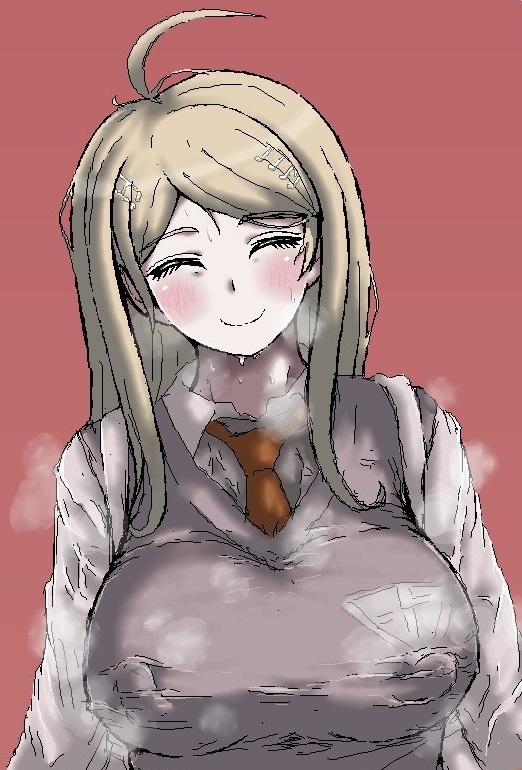 ahoge akamatsu_kaede backpack bag blonde_hair blush breasts closed_eyes danganronpa eyebrows female hair_ornament hairclip long_hair muramo musical_note musical_note_hair_ornament necktie new_danganronpa_v3 nipples school_uniform shirt smile solo straight_hair sweater sweater_vest tie uniform white_shirt