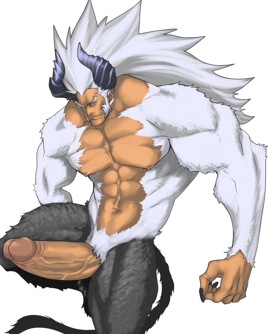 1boy abs bara erection horns large_penis male_focus male_only muscle nude rabbit_(artist) rabbit_(pixiv744412) silver_hair solo tagme