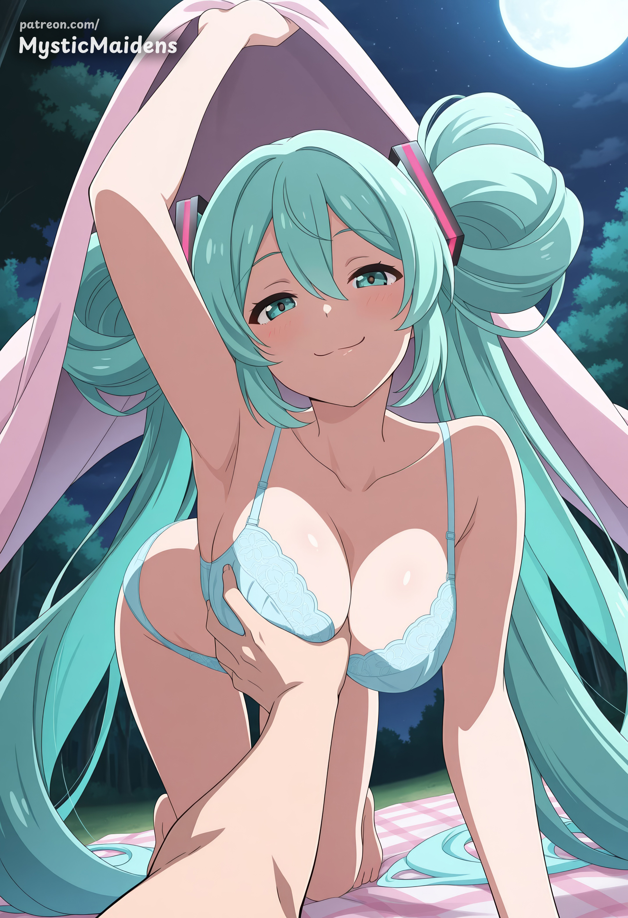 1boy, 1girl, 3, ai generated, all fours, anime, anime style, aqua eyes, aqua hair, arm up, armpits, artist name, bangs, bare shoulders, barefoot, blanket, blue bra, blue panties, blush, bra, breast grab, breasts, cleavage, closed mouth, collarbone, double bun, female, full moon, grabbing, grabbing another's breast, hair between eyes, hair bun, hair rings, half-closed eyes, hanging breasts, hatsune miku, hentai, hetero, hi res, large breasts, long hair, looking at viewer, moon, mystic maidens, night, night sky, outdoors, panties, patreon, patreon username, pov, pov hands, seductive smile, sky, smile, solo focus, straight, tree, twintails, underwear, underwear only, very long hair, vocaloid