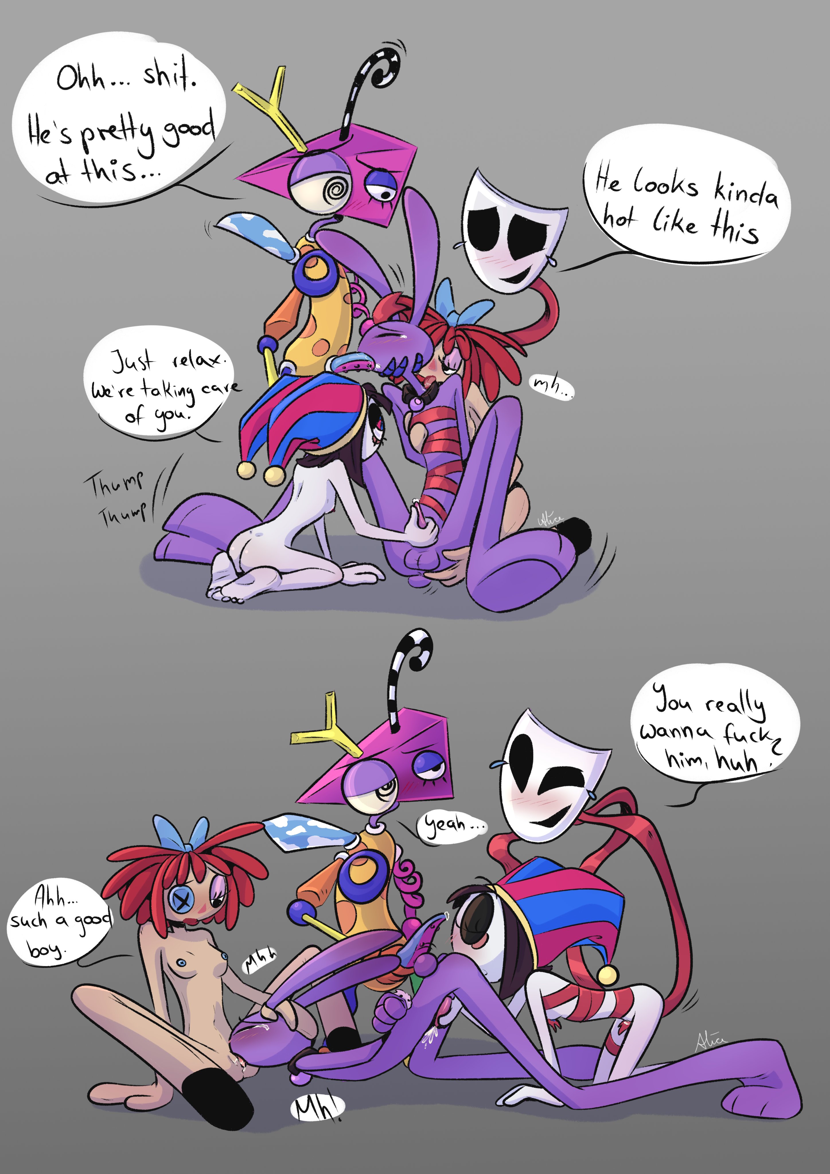 1boy, 1nonbinary, 3girls, anthro, bisexual, blue bow, brown hair, bunny, collar, crying, cum, dialogue, doll, eating ass, eating pussy, female/female, femdom, fully nude, gangbang, gangle (the amazing digital circus), glitch productions, gooseworx, handjob, jax (the amazing digital circus), jester, mask, nonbinary, nonhuman, pomni (the amazing digital circus), praise, purple fur, rabbit, ragatha (the amazing digital circus), ragdoll, red hair, restrained, ribbon, ribbons, rimming, screaming alice, straight, submissive male, tagme, tentacle penis, the amazing digital circus, zooble (the amazing digital circus)