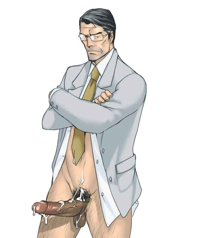 1boy bara bottomless cum erection glasses male_focus male_only muscle necktie penis presenting rabbit_(artist) rabbit_(pixiv744412) solo suit tagme testicles undressing