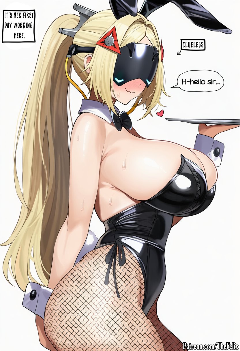 ai generated, alternate outfit, blindfold, bunny ears, bunnysuit, english, english text, fake animal ears, fishnets, heart, holding, huge breasts, legwear, playboy bunny, speaking to viewer, thefelix, thick ass, thick thighs, trigger (zenless zone zero), zenless zone zero