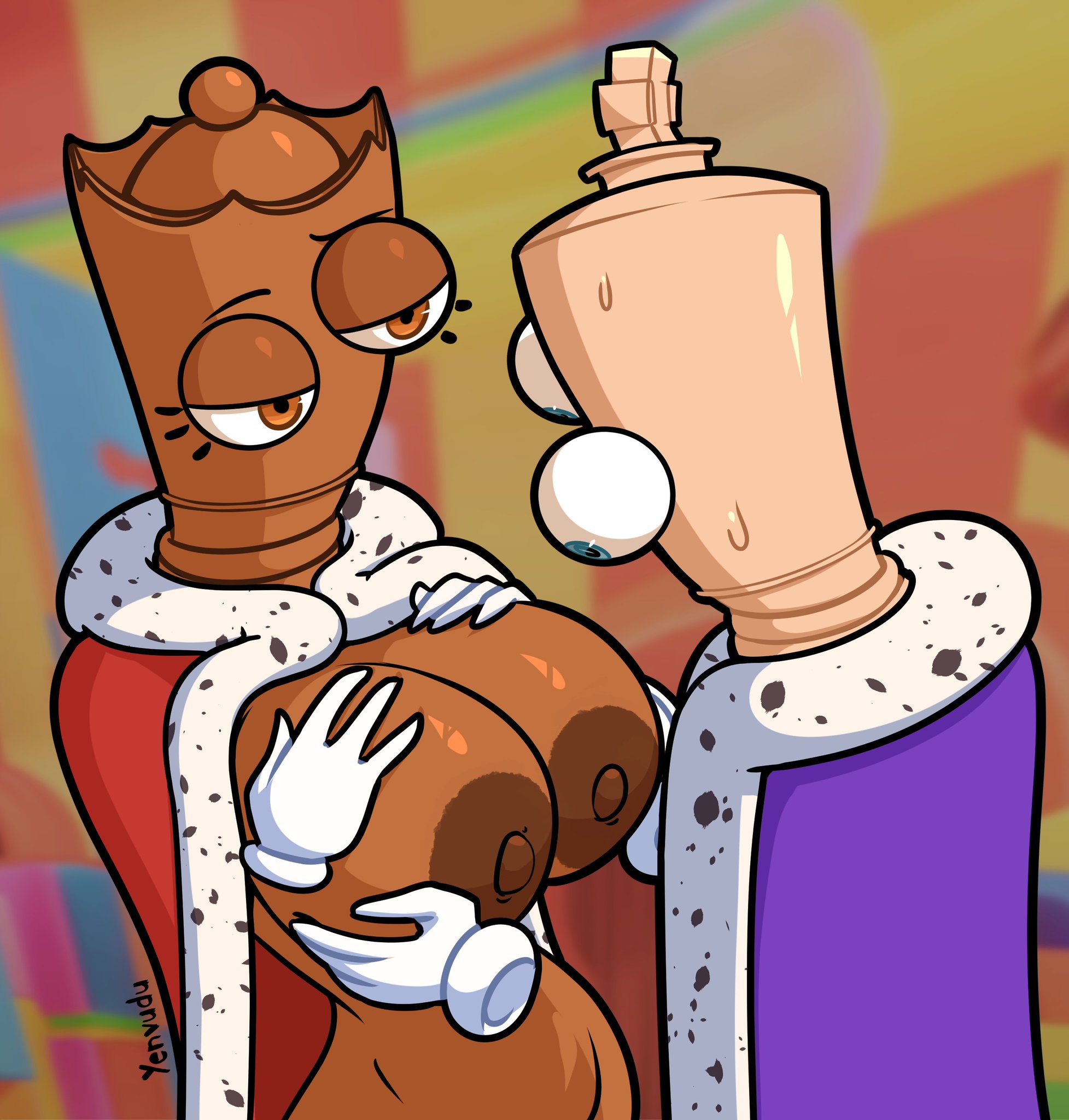 1boy, 1girls, big breasts, breast hold, canon couple, glitch productions, kinger (the amazing digital circus), queenie (the amazing digital circus), solo, sweat, the amazing digital circus, yenvudu