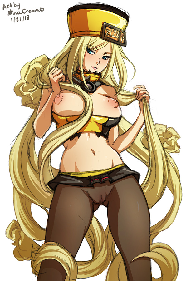 areolae, big breasts, breasts, female, female only, guilty gear, guilty gear xrd, large breasts, millia rage, minacream, nipples, pantyhose, prehensile hair, pussy, see-through, solo