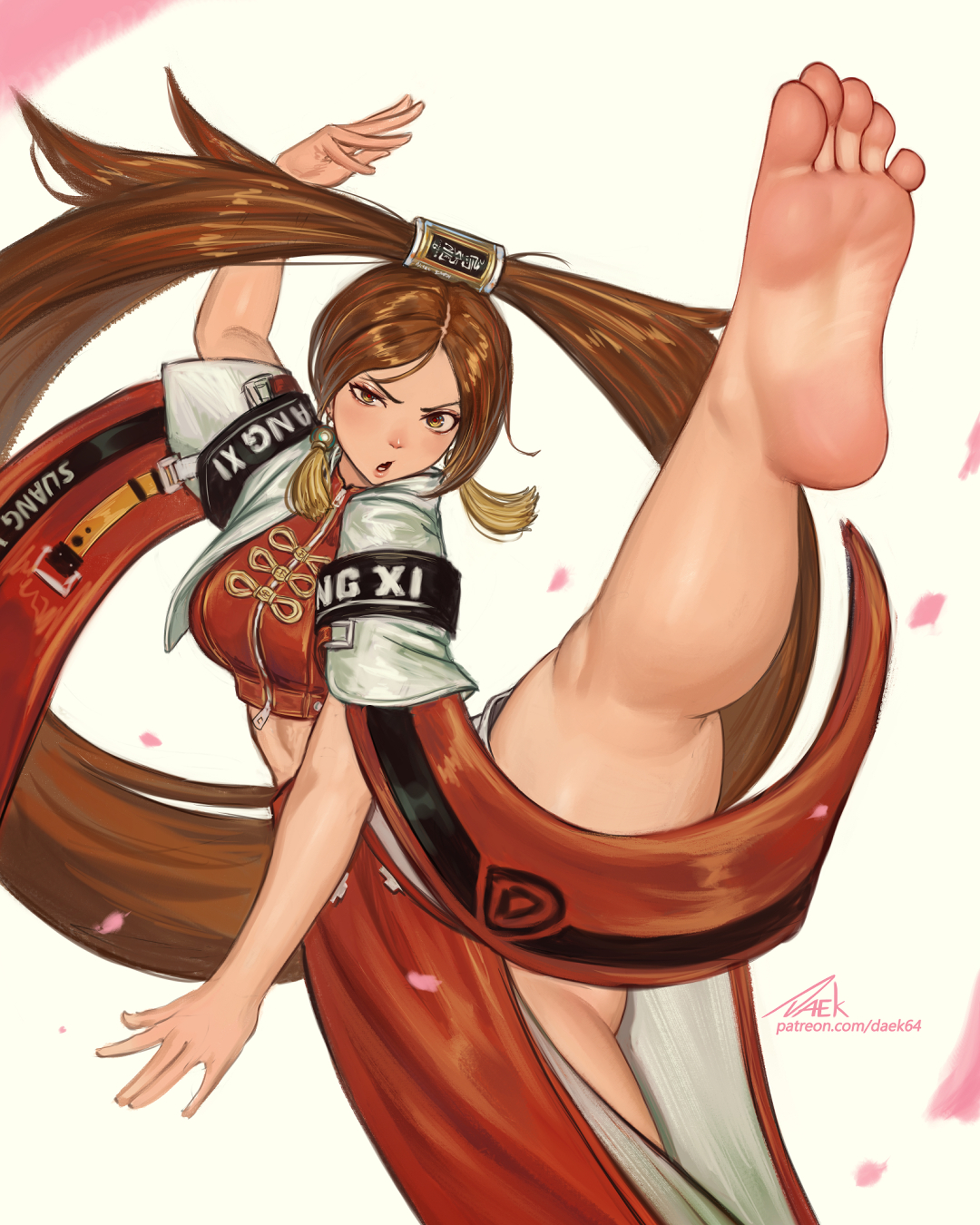 1girl, 2d, 2d (artwork), barefoot, brown eyes, brown hair, chinese clothes, clothing, daek64, feet, female, foot fetish, guilty gear, guilty gear strive, hair loopies, kuradoberi jam, soles, tagme, toes