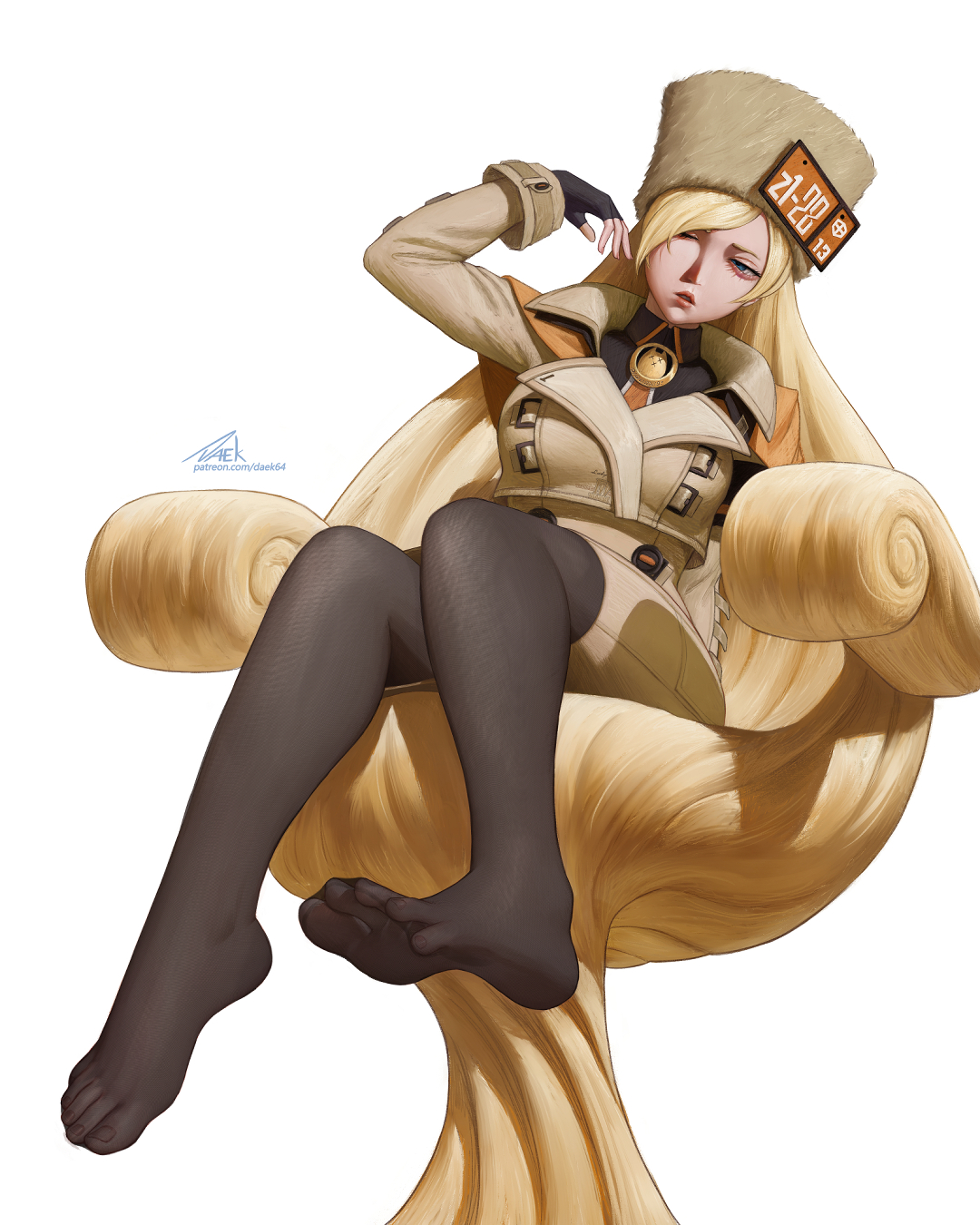 blonde hair, clothed, daek64, fingerless gloves, foot fetish, guilty gear, guilty gear strive, millia rage, no shoes, pantyhose, sitting, tagme, toes, toes visible through clothing