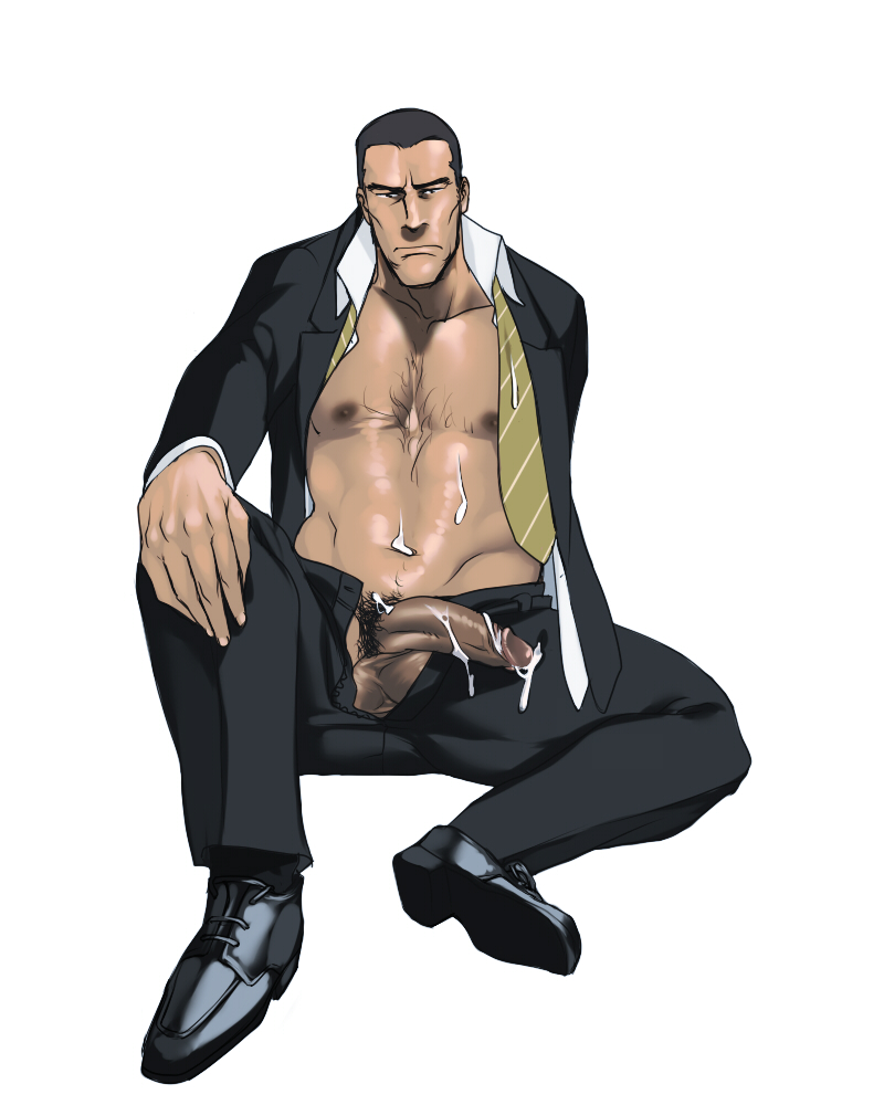 1boy bara cum flaccid male_focus male_only muscle necktie penis presenting rabbit_(artist) rabbit_(pixiv744412) shoes sitting solo suit tagme testicles unbuttoned undressing