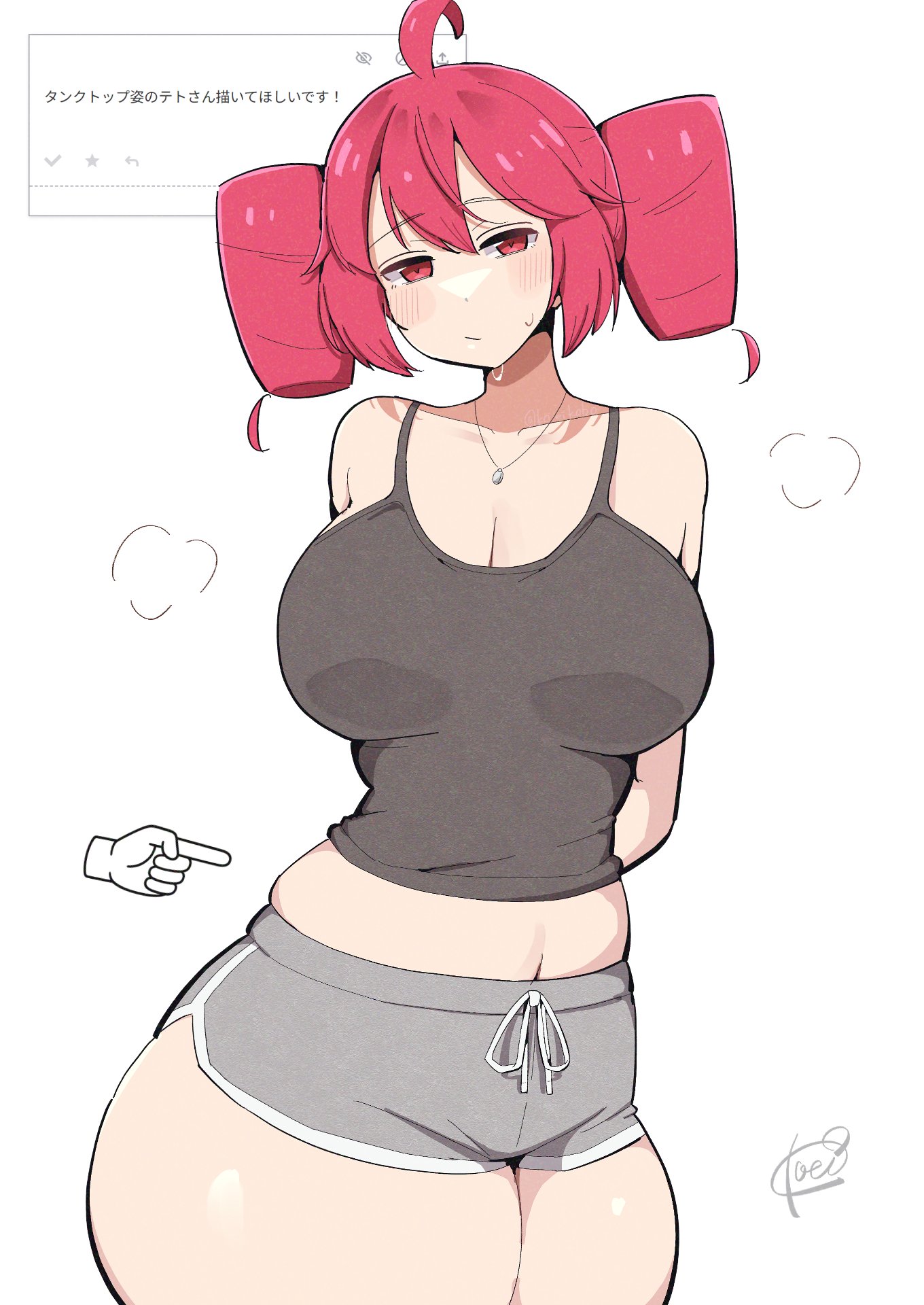 1girls, 2d, 2d (artwork), ahoge, arms behind back, artist signature, belly, big breasts, big thighs, blush, blush lines, blushing female, breasts, breasts bigger than head, cleavage, curvaceous, curvy, curvy female, curvy figure, disembodied hand, dolphin shorts, enormous thighs, exposed belly, fat breasts, fat thighs, female, female only, gigantic thighs, gym shorts, hands up, hips wider than shoulders, huge breasts, huge hips, huge thighs, hyper, hyper thighs, kasane teto, koeikobo, large breasts, large thighs, looking at viewer, love handles, massive hips, massive thighs, navel, navel visible through clothes, odaibako, pear shaped, pear shaped female, plump, plump breasts, plump thighs, pointing, red eyes, red hair, request, request inset, shiny skin, shirt, short shorts, shorts, simple background, slightly chubby, slim waist, solo, solo female, sweat, sweatdrop, sweating, tank top, thick thighs, thighs, thighs bigger than head, thighs bigger than torso, tiny waist, twin drills, utau, voluptuous, voluptuous female, wet, wet body, white background, wide hips