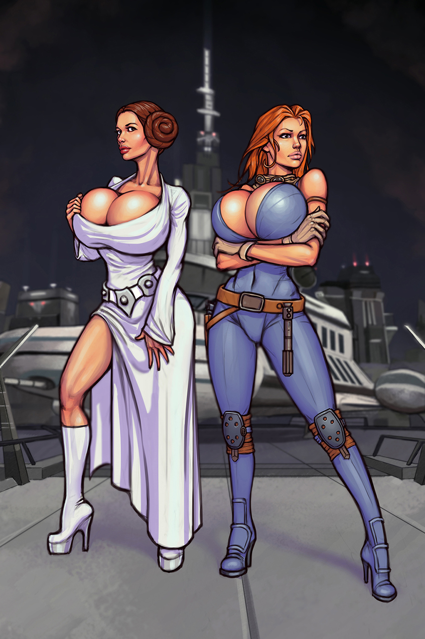 2girls a_new_hope bare_shoulders belt big_breasts bimbo bimbofication bodysuit boobsgames boots brown_eyes brown_hair busty cleavage comic crossed_arms curvy detailed_background double_bun dress eyelashes female female_only front_view gloves goggles hair_bun high_heel_boots high_heels hourglass_figure human lightsaber mara_jade mara_jade_skywalker multiple_females multiple_girls orange_hair personal_luxury_yacht_3000 pose posing princess princess_leia_organa royalty short_hair side_slit space_craft standing star_wars tied_hair voluptuous weapon white_dress wide_hips