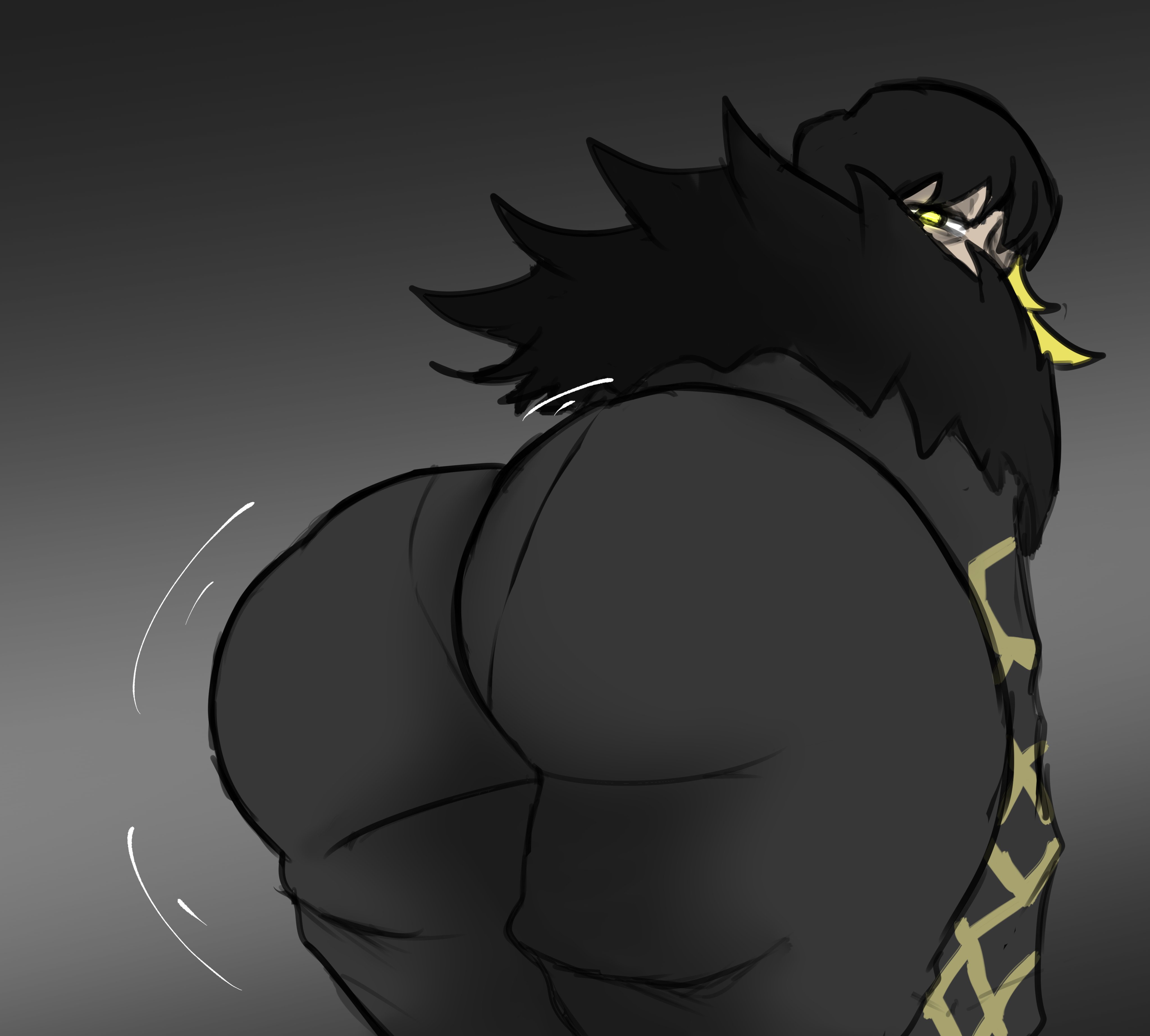 ass, ass bigger than head, ass focus, big ass, binah, binah (project moon), black hair, huge ass, light skin, light-skinned female, lobotomy corporation, panties mark, project moon, shaking, shaking ass, shaking butt, solo female, tsutsunotsumi, yellow eyes