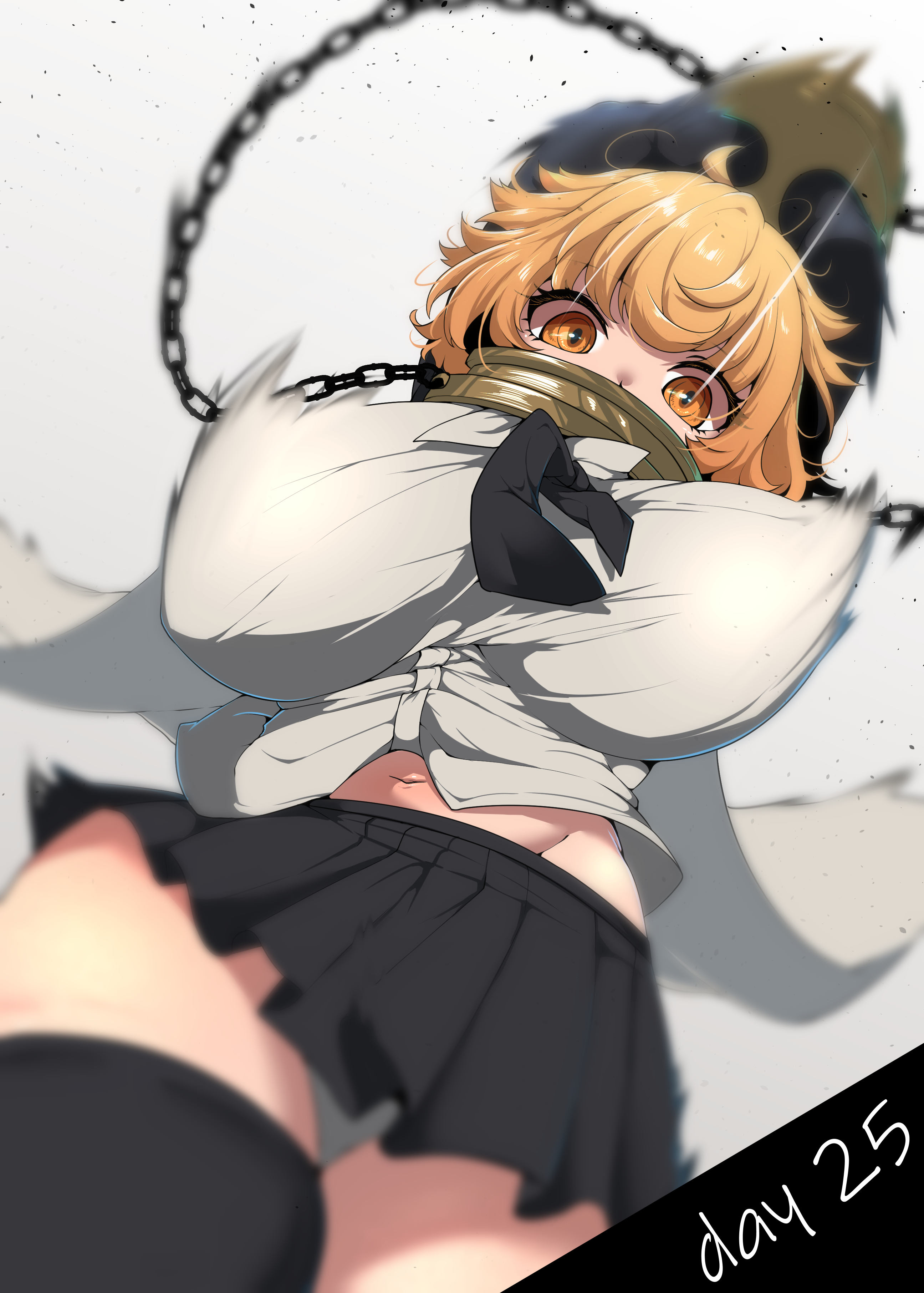 1girls, arms up, black necktie, black skirt, blonde hair, breasts, cape, chained, chained wrists, chains, collar, cuffs, don quixote (limbus company), female, gloves, handcuffs, index (identity) (project moon), index don quixote, jacket, large breasts, limbus company, long sleeves, looking at viewer, necktie, project moon, shirt, short hair, skirt, solo, thighhighs, underwear, white background, white cape, white shirt, yellow eyes