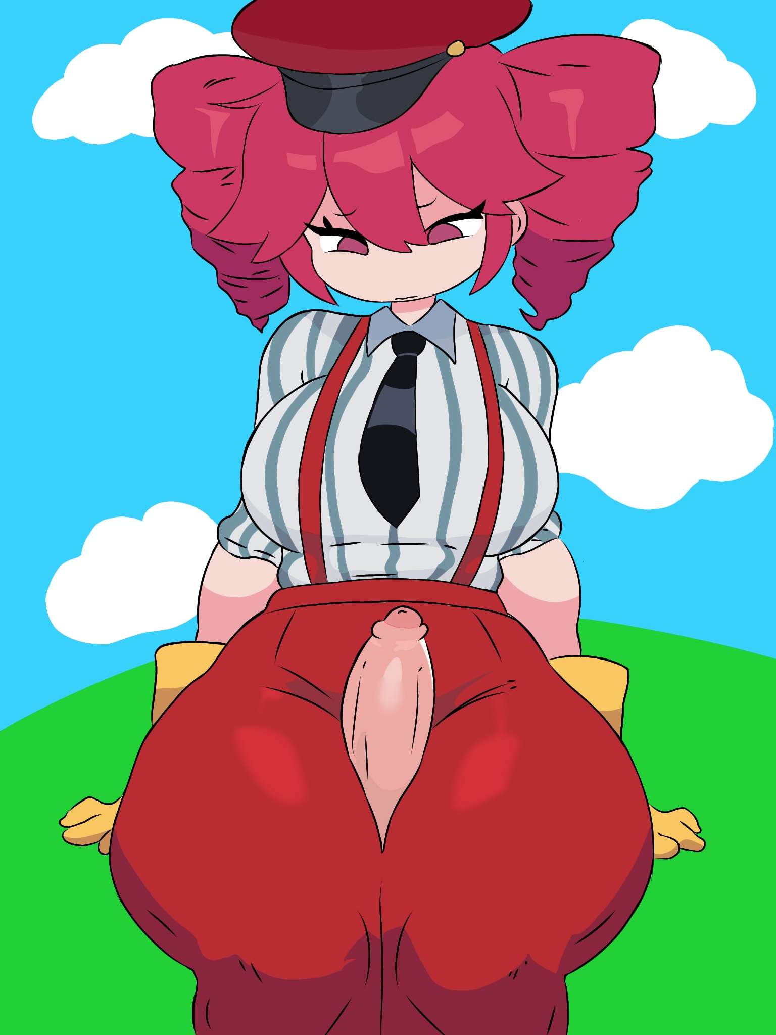 1boy, 1girls, 2d, 2d (artwork), absurd res, big breasts, big thighs, blouse, blush, blush lines, breasts, clothed, clothed female, clothed female nude male, clothing, commission, commissioner upload, crop top, curvaceous, curvy, curvy female, curvy figure, disembodied limb, disembodied penis, drill hair, duo, eye contact, eyelashes, fat breasts, fat thighs, female, fully clothed, gloves, hat, high waisted pants, high-waist pants, highres, hourglass figure, huge breasts, huge thighs, kasane teto, kasane teto (sv), key boy, large breasts, large thighs, looking at penis, looking at viewer, looking down, male, male pov, massive thighs, mesmerizer (vocaloid), mesmerizer teto, motion lines, mv character, necktie, outercourse, overhang, pants, penis, penis between thighs, plump, plump breasts, plump thighs, pov, precum, red eyes, red hair, shiny clothes, shirt, simple background, sitting, sitting on lap, sitting on penis, skin tight, skin tight pants, slim waist, smile, smirk, smug, smug face, smug grin, straight, striped shirt, suspenders, synthesizer v, thick thighs, thigh job, thigh sex, thigh sex over clothes, thigh squish, thighs, tight clothing, tight pants, tip peeking, tremble spikes, trembling, uncensored, utau, voluptuous, voluptuous female, wide hips