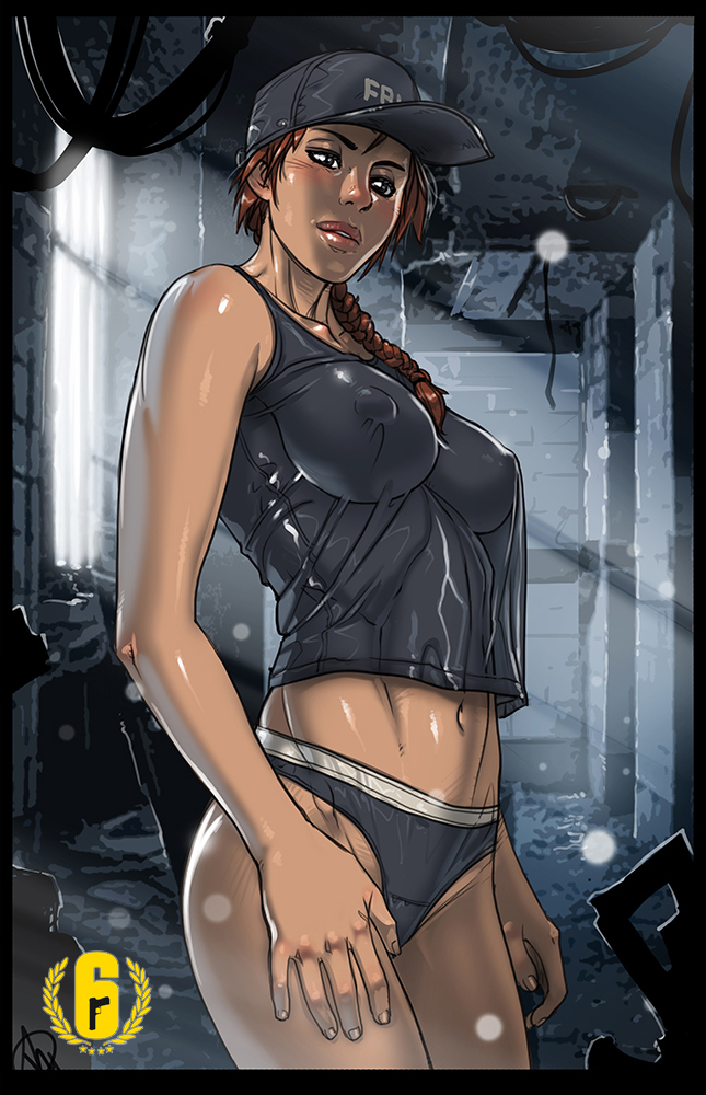 1girls, ash (rainbow six), braid, breasts, cleavage, erect nipples, female, female only, ganassa, jewish, jewish female, long hair, looking at viewer, nipples, nipples visible through clothing, panties, rainbow six, rainbow six siege, solo, tagme, tom clancy