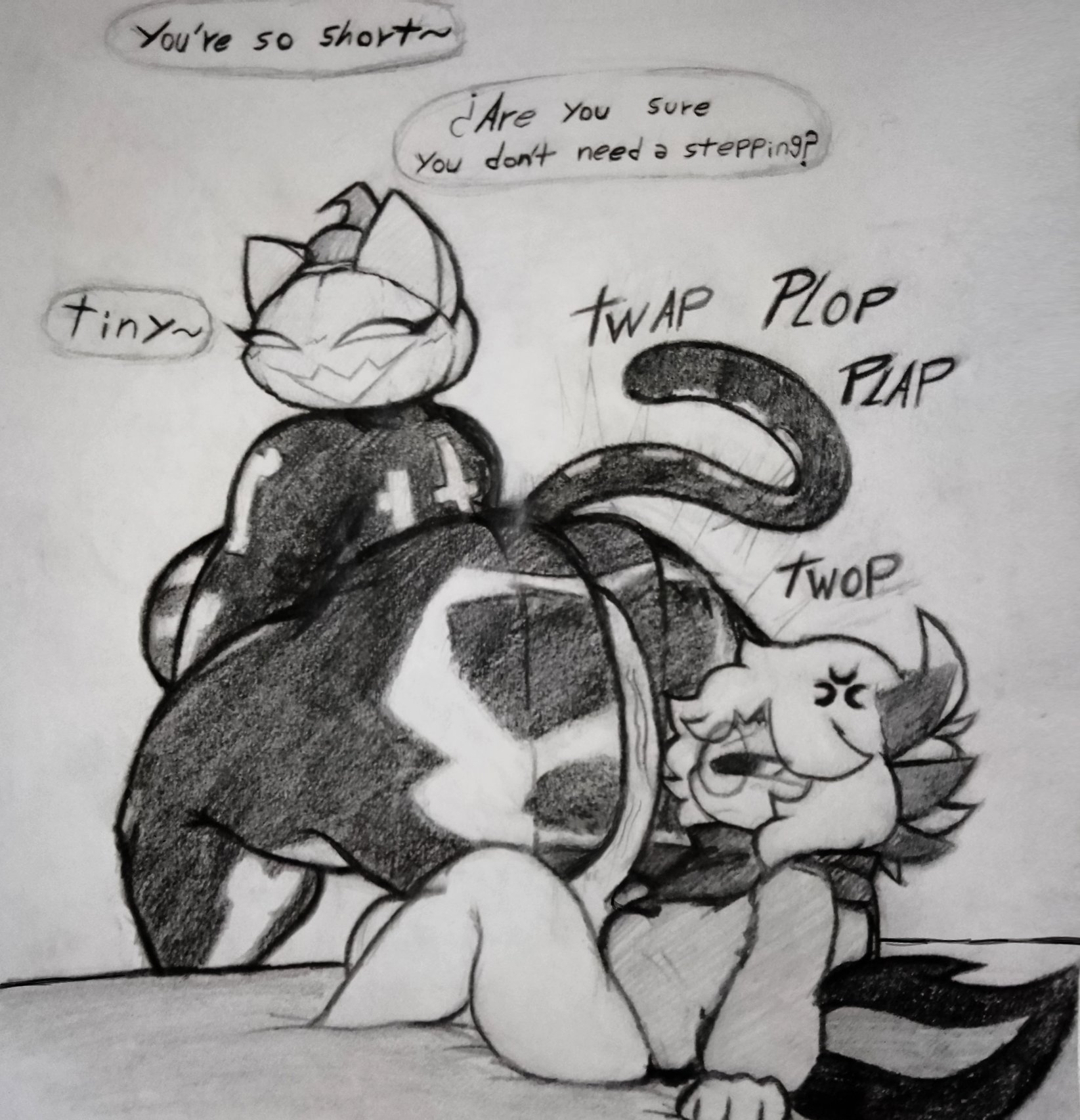 1boy, 1girls, anger vein, ass clapping, ass focus, axolotl, axolotl humanoid, axolotl tail, balls, big breasts, big penis, bodysuit, breasts, cat ears, cat girl, cat tail, catgirl, clapping ass, clapping cheeks, coal (coalorgem), cock, fat ass, female, femboy, fortnite, fortnitemares, furry, gatabaza, gills, glasses, greyscale, hair, halloween, halloween pumpkin, heart symbol, huge boobs, huge breasts, huge cock, jack-o'-lantern, onomatopoeia, partially clothed, pencil (artwork), penis, penis between ass, pumpkin, pumpkin head, rand0m 293, scarf, short hair, sideboob, simple background, size difference, skeleton (marking), skeleton costume, small dom big sub, smile, smiling, spice (fortnite), tail fin, testicles, text, thick thighs, thighs, traditional media (artwork), twitter user oc, voluptuous, voluptuous female