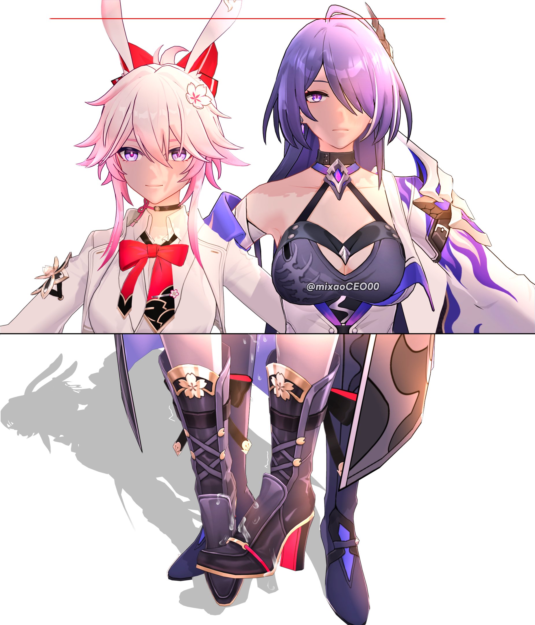 3d, 3d (artwork), 3d model, acheron (honkai: star rail), clothed, clothed sex, clothes, clothing, dangling legs, dominant female, evanescia (honkai: star rail), fucked, fucked from behind, heels, height difference, honkai (series), honkai: star rail, hoyoverse, implied sex, implied sex from between legs, instant loss, instant loss 2koma, larger female, mixaoceo00, offscreen sex, shorter female, size difference, smaller female, submissive female, suggestive, taller female, yuri