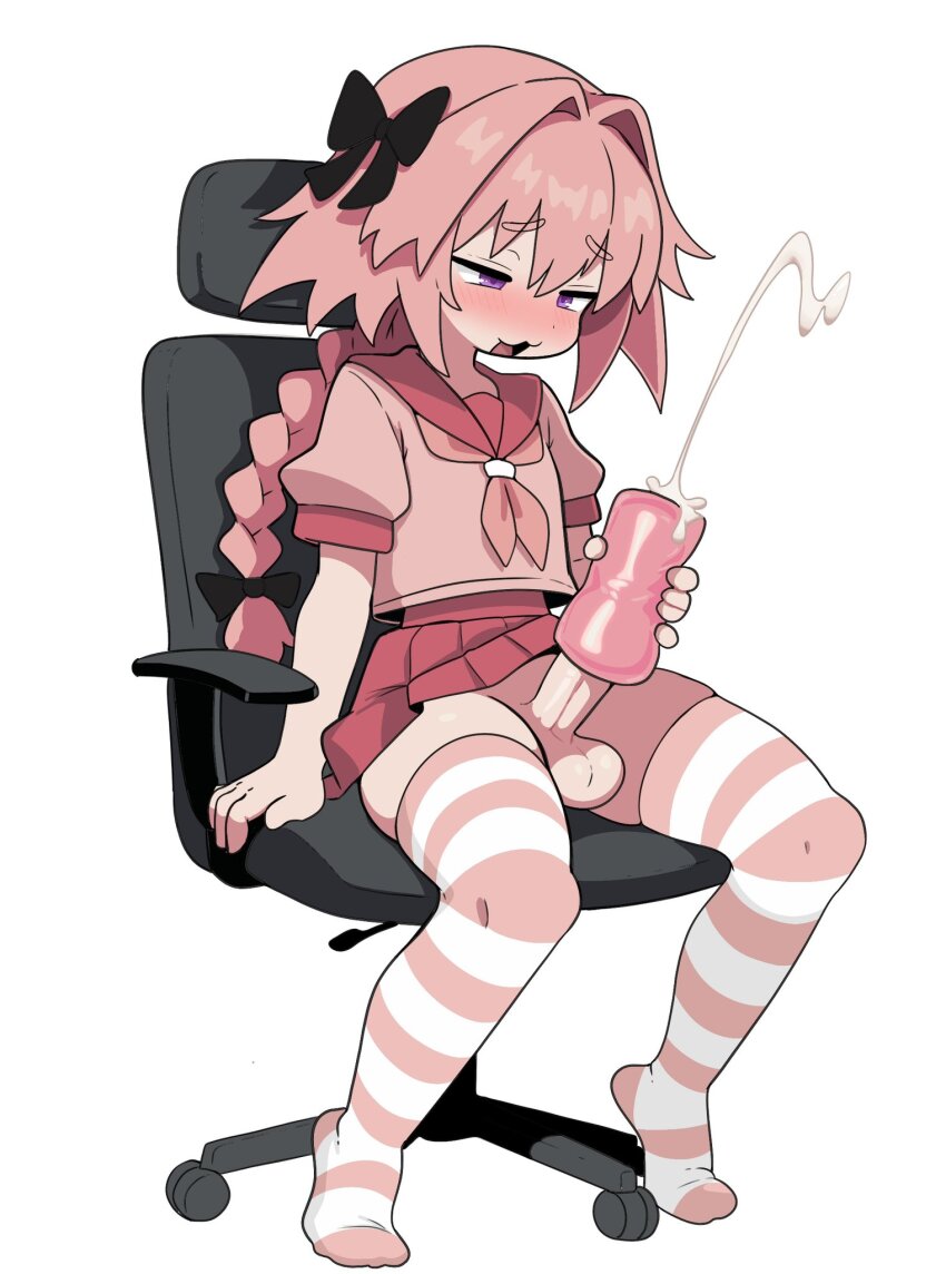 1boy, astolfo (fate), cum in toy, fate (series), fate/grand order, femboy, fleshlight, gaming chair, light-skinned male, male, male only, masturbation, penis, pocket pussy, sitting, solo, striped legwear, striped thighhighs, tagme (artist), thighhighs