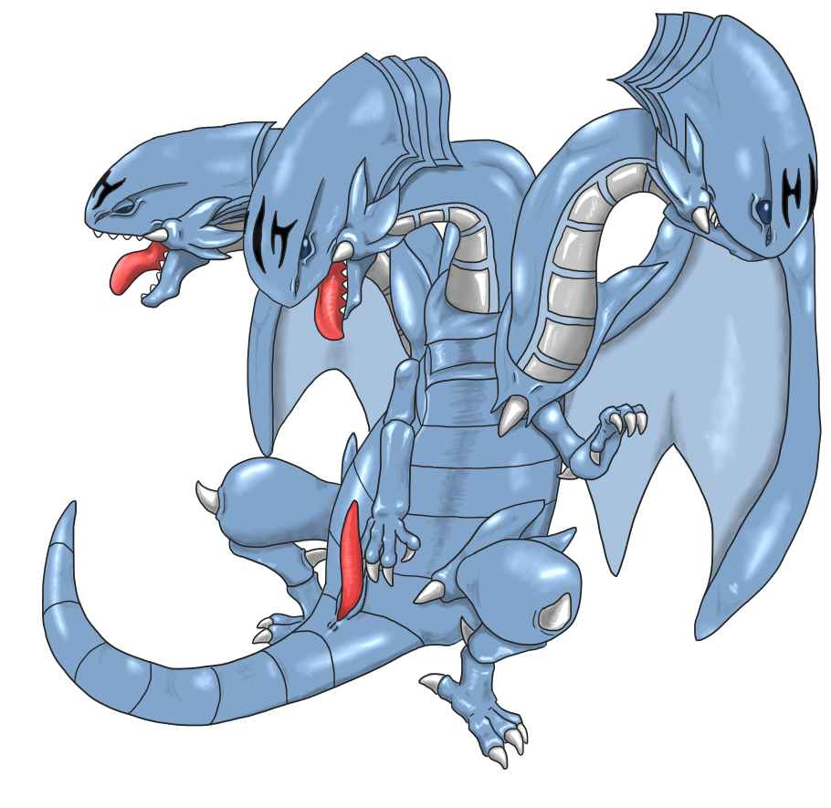 3_heads animal_genitalia blue-eyes_ultimate_dragon blue_eyes burume claws dragon genital_slit hydra male multi_head penis scalie sfbwd slit spikes tongue tongue_out wings yu-gi-oh!