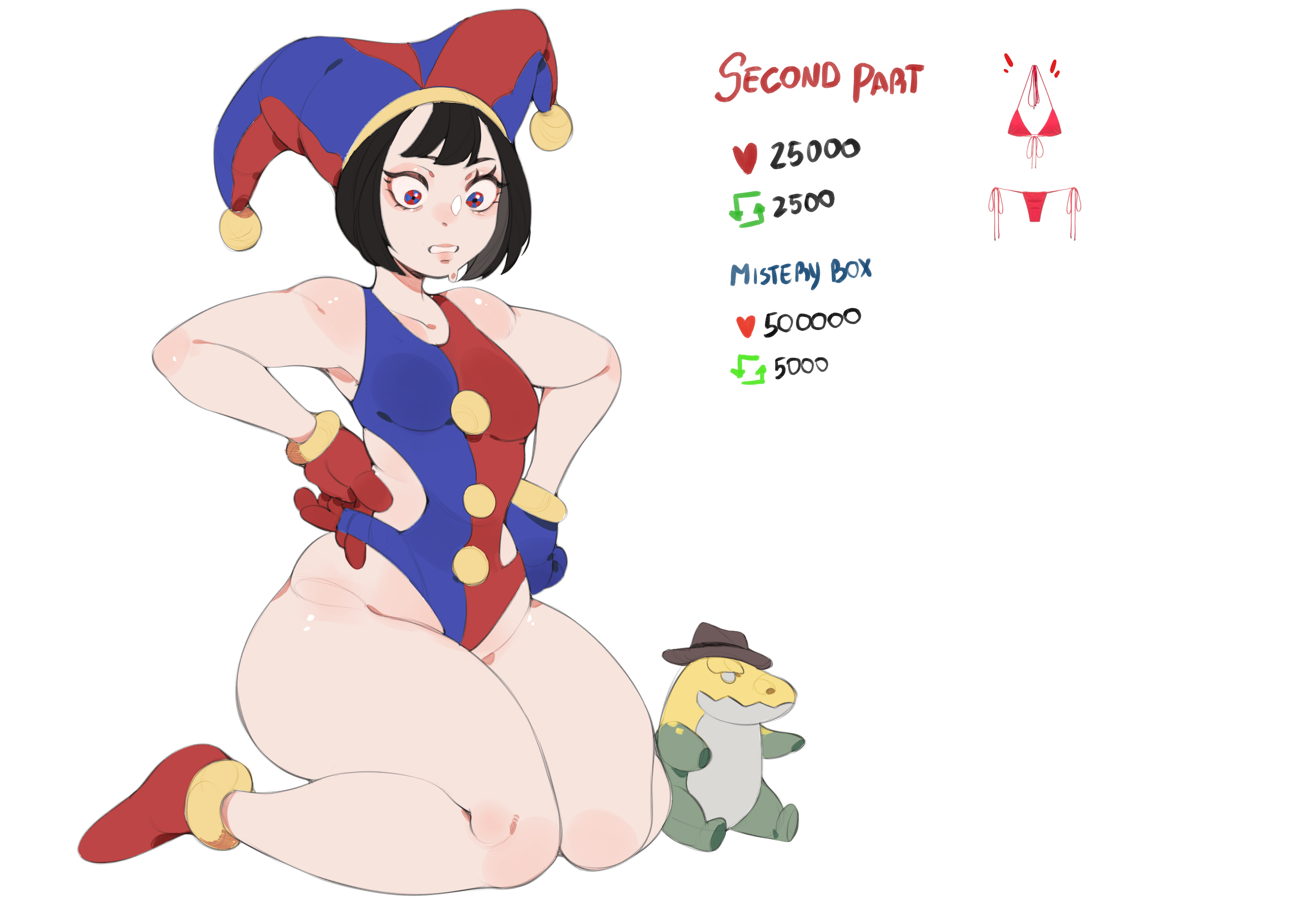 curvy figure, kamii momoru, leotard, pomni (the amazing digital circus), strip game, the amazing digital circus, thick thighs, trying on clothes, voluptuous female