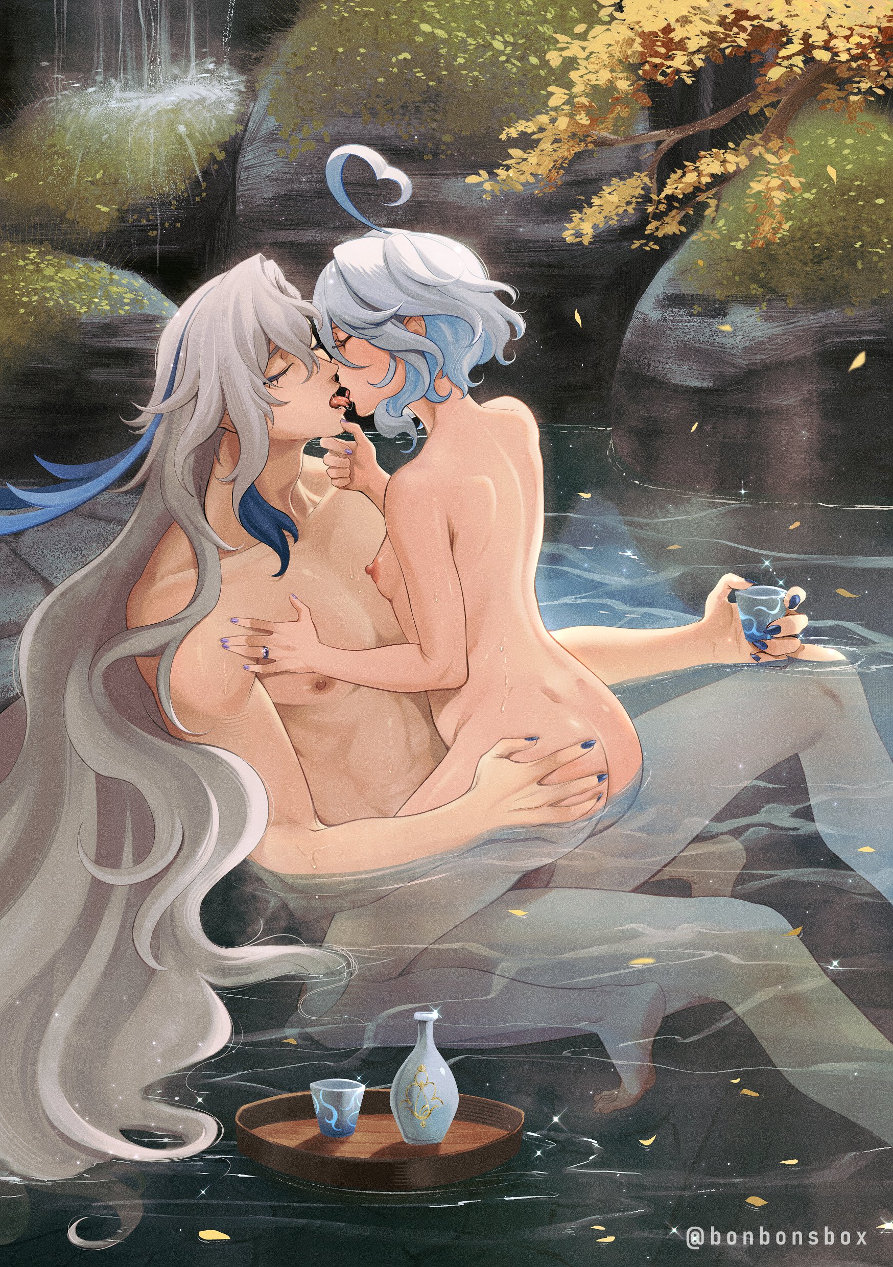 1boy, 1girls, ahoge, ass, bigger male, bigger penetrating smaller, bonbon (bonesofbeskar), bonbonsbox, bonesofbeskar, female, french kiss, furina (genshin impact), genshin impact, hand on ass, hoyoverse, in water, kissing, long hair, long hair male, male, mihoyo, neuvillette (genshin impact), nude, on lap, onsen, onsen sex, riding penis, romantic, sex, sex in water, size difference, small breasts, smaller female, straddling, straight, tongue kiss, white hair