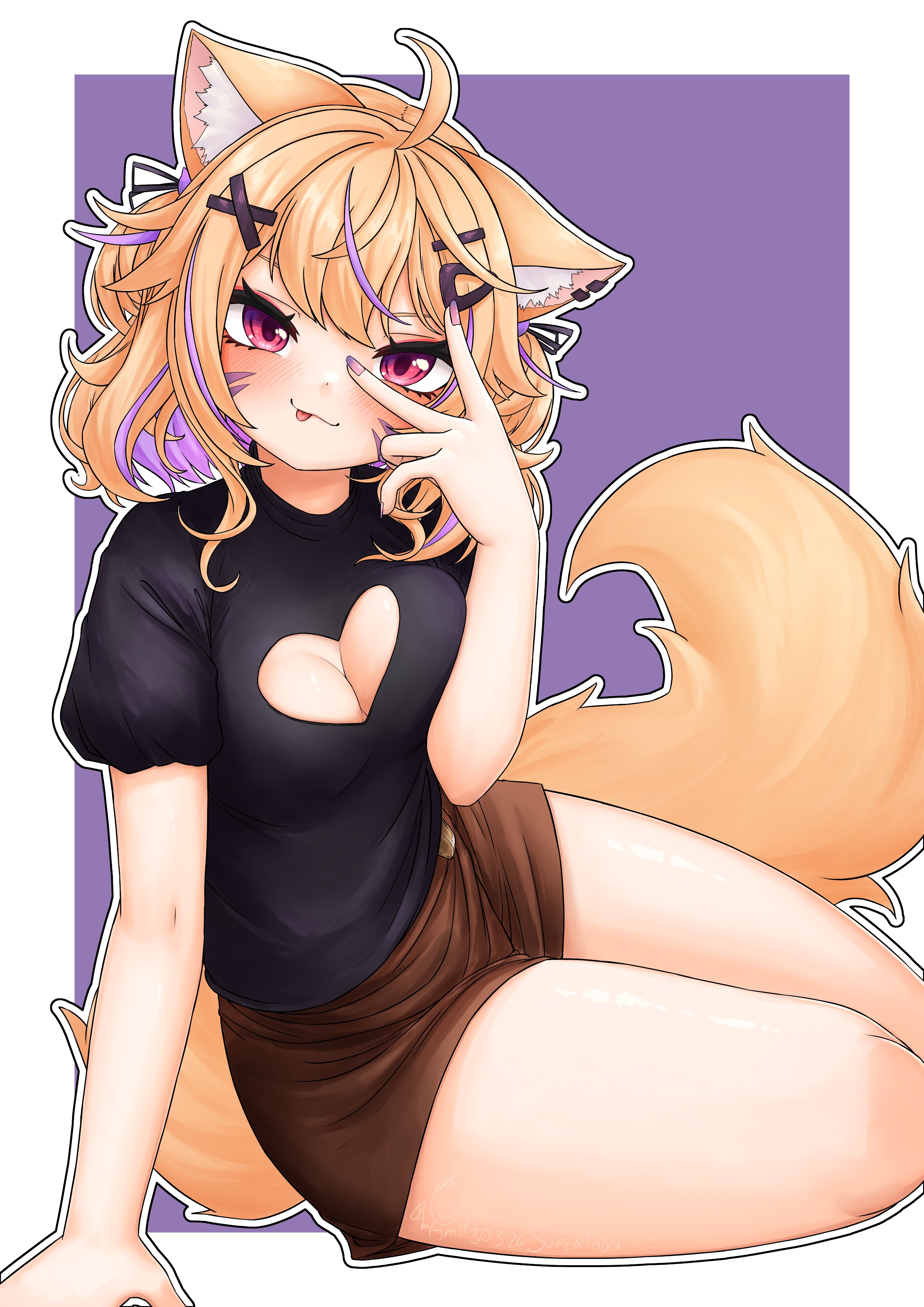 ahoge, animal ear fluff, animal ears, bangs, blonde hair, blush, breasts, brown skirt, cleavage, cleavage cutout, eyebrows visible through hair, female, hair ornament, hairclip, looking at viewer, medium breasts, multicolored hair, nail polish, shirt, short sleeves, sitting, skirt, smile, solo, squchan (vtuber), tail, tongue, tongue out, virtual youtuber, vyugen, white outline