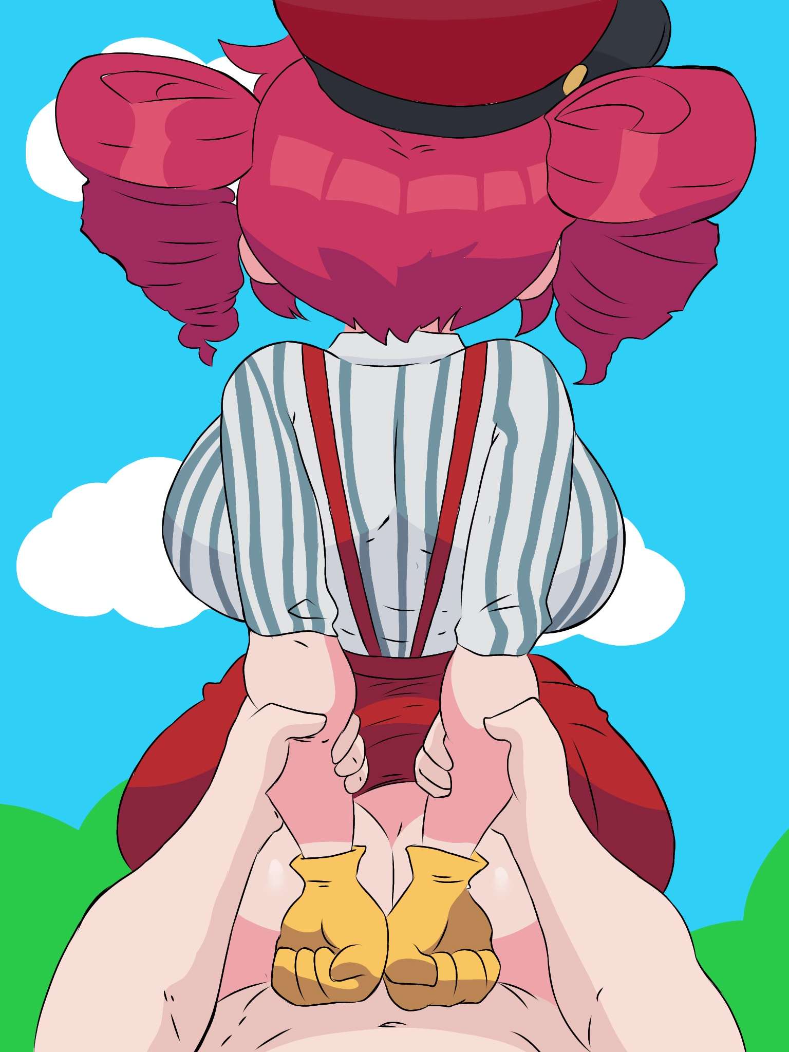 1boy, 1girls, 2d, 2d (artwork), ambiguous penetration, arms behind back, arms held back, ass, ass crack, ass focus, back, back view, backboob, big ass, big breasts, breasts, clothed, clothed female, clothed female nude male, clothing, commission, commissioner upload, curvaceous, curvy, curvy female, curvy figure, exposed ass, fat ass, female, from behind, from behind position, gloves, hat, high waisted pants, high-waist pants, hips wider than shoulders, holding arms, hourglass figure, huge ass, huge breasts, kasane teto, kasane teto (sv), key boy, large ass, large breasts, male, male pov, massive ass, mesmerizer (vocaloid), mesmerizer teto, mv character, nude, nude male, pants, penetration, plump, plump ass, plump breasts, plump thighs, pov, red hair, restrained, restrained arms, ripped clothing, ripped pants, sex, shiny ass, shiny skin, slim waist, standing, standing doggy style, standing sex, straight, suspenders, synthesizer v, thrusting, thrusting into ass, tight clothing, tight pants, tight shirt, torn clothes, torn pants, twin drills, utau, voluptuous, voluptuous female, wide hips